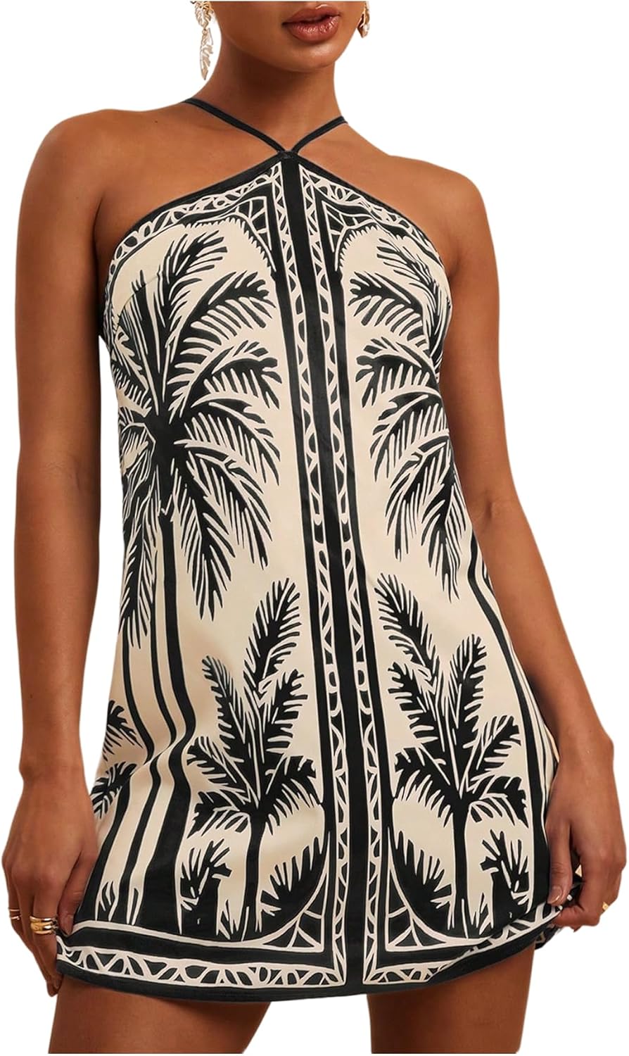 MakeMeChic Women's Tropical Print Halter Neck Dress Summer Tie Backless Spaghetti Strap Boho Short Dresses