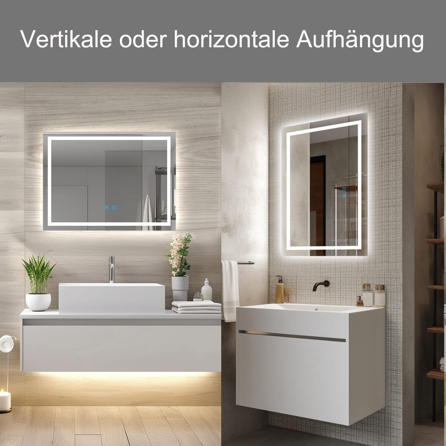 Finmrys LED fürdőszobai tükör különböző színhőmérsékletekkel