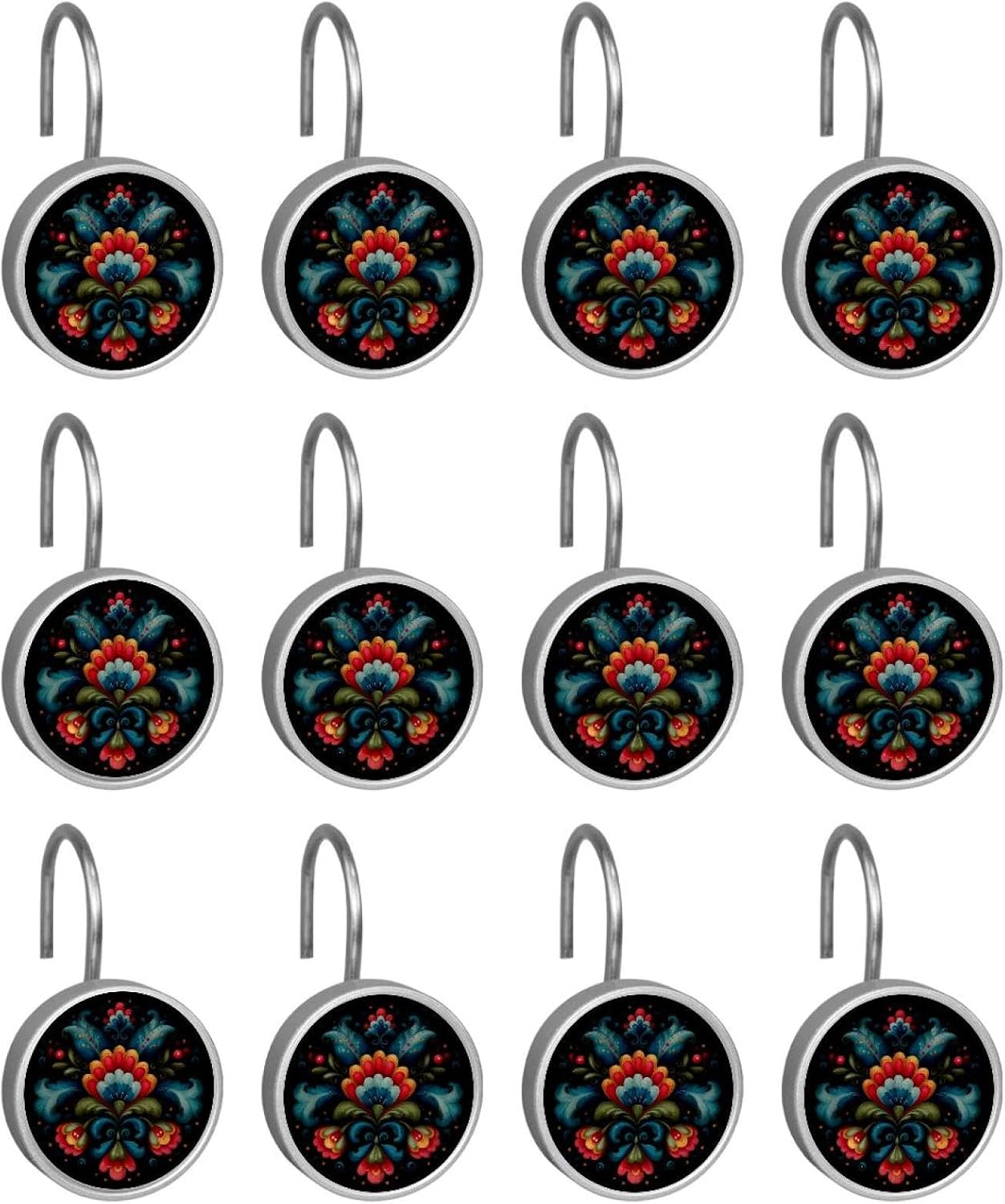 Shower Curtain Hooks, Home Decorative Norwegian Rosemaling Folk Style Flower (35) Shower Curtain Rings for Bathroom, Rustproof Stainless Steel Shower Curtain Hangers Bathroom Accessories, Set of 12