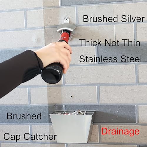 Miniatura 2 de Luwanburg Abridor de botellas de cerveza de acero inoxidable para exteriores montado en la pared con agujeros de drenaje para atrapar tapas (plata