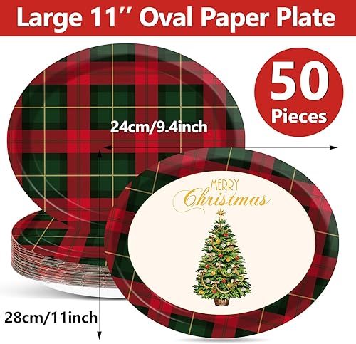 Miniatura 2 de 50 platos de papel ovalados de Navidad rojo y verde a cuadros grandes de 11 pulgadas desechables para Navidad, temática familiar, suministros de