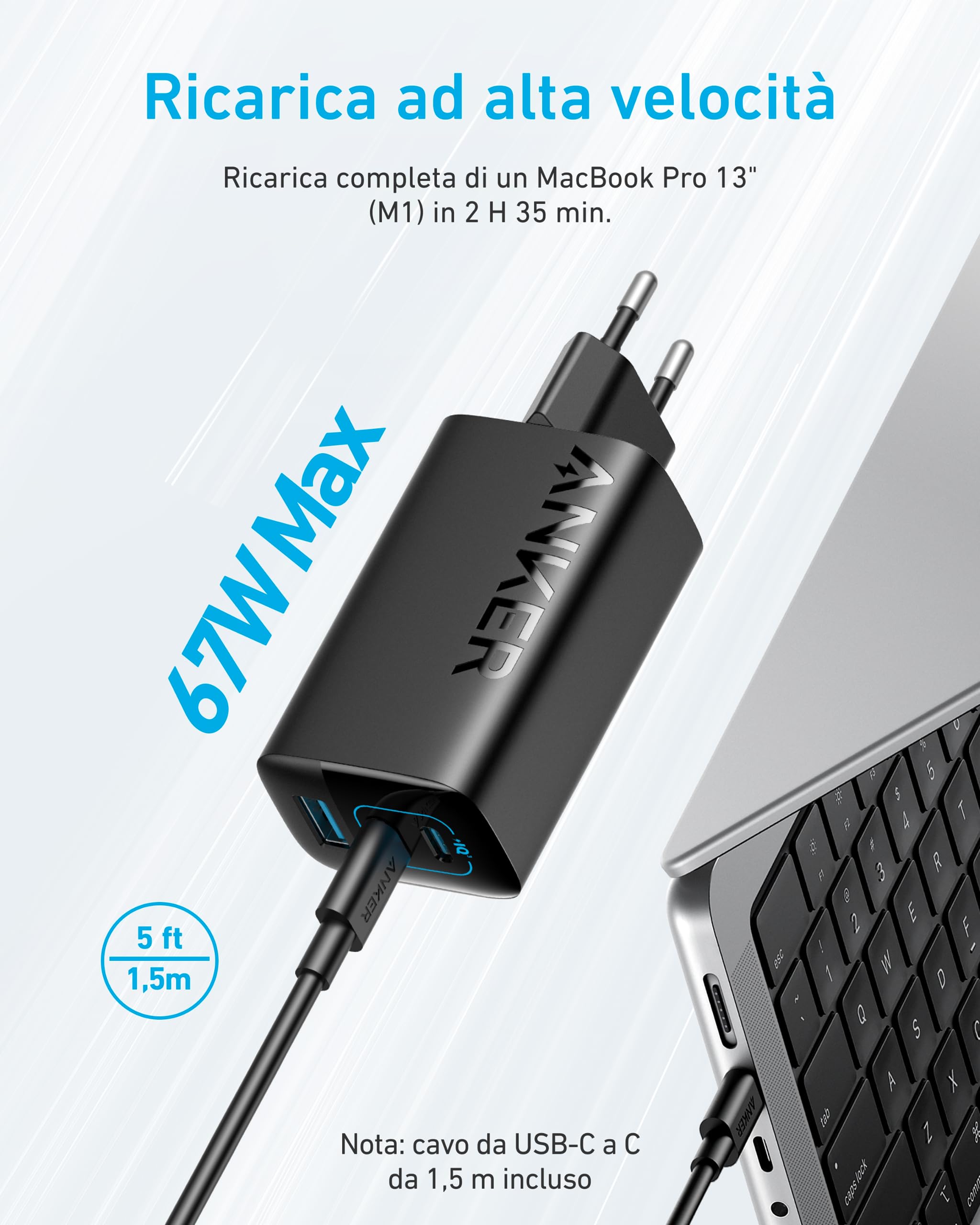 Anker Caricatore USB C 67W PIQ 3.0 3 Porte per iPhone MacBook iPad Samsung Pixel