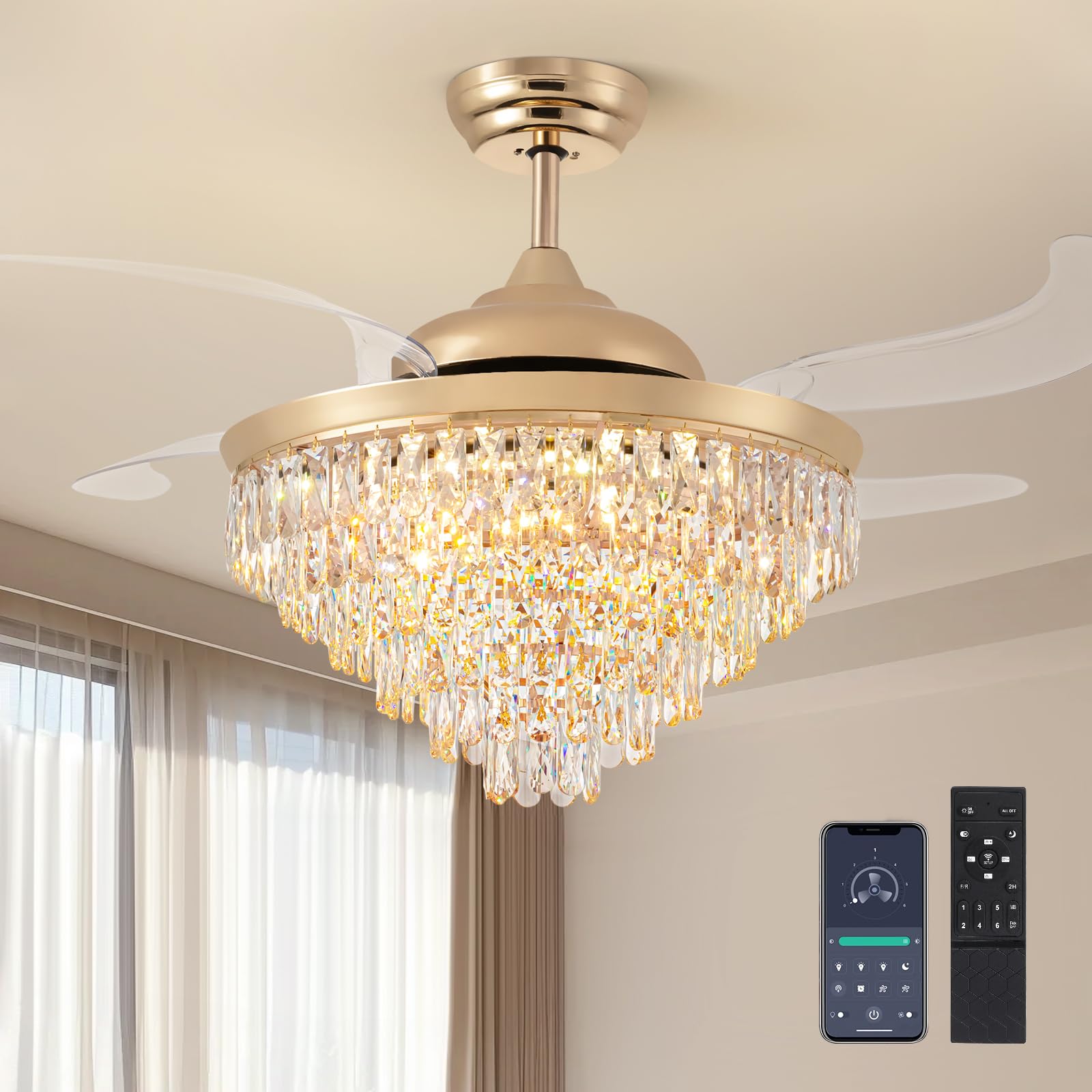 52" large luxury crystal ceiling fan with light and remote control, crystal chandelier fan led dimmable, modern retractable invisible ceiling fan for living room dining room foyer hotel