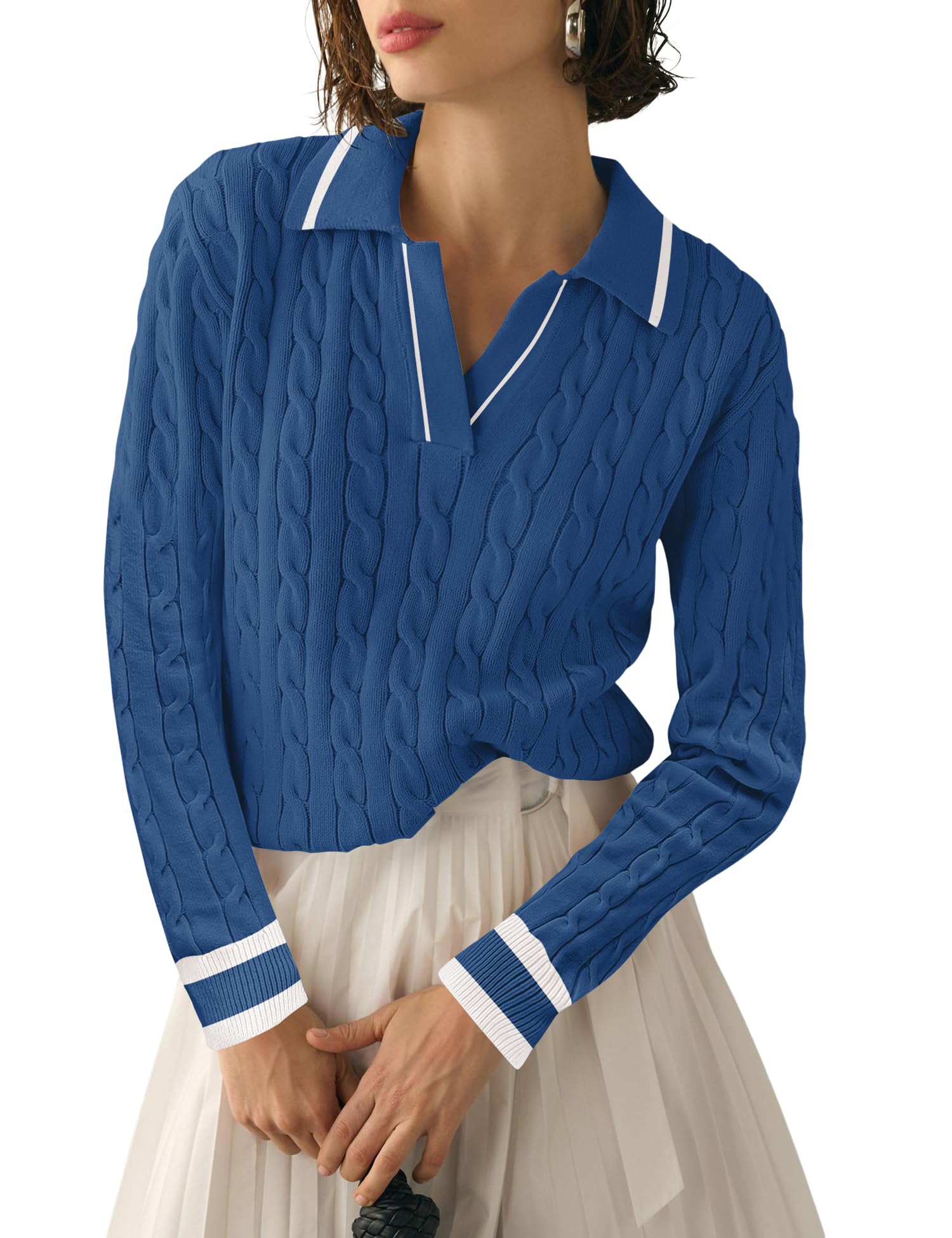 Micoson Womens Fall Long Sleeve Sweaters Lapel V Neck Cable Knitted Pullover Casual Soft Jumper Top
