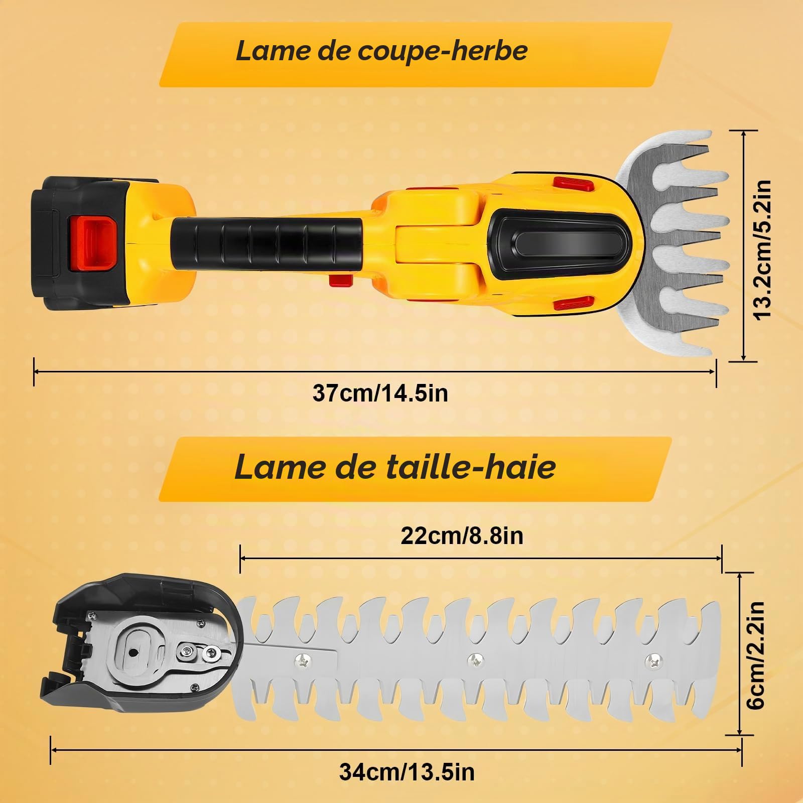 Cisaille à Gazon sans Fil, 2 en 1 Taille Haie Electrique avec 2 Lames, Longueur de Lame : 22 cm (Arbustes) / 13,2 cm (Herbe), Batterie 1500mAh et Type C, Sculpteur de Végétaux pour Couper Les Haies