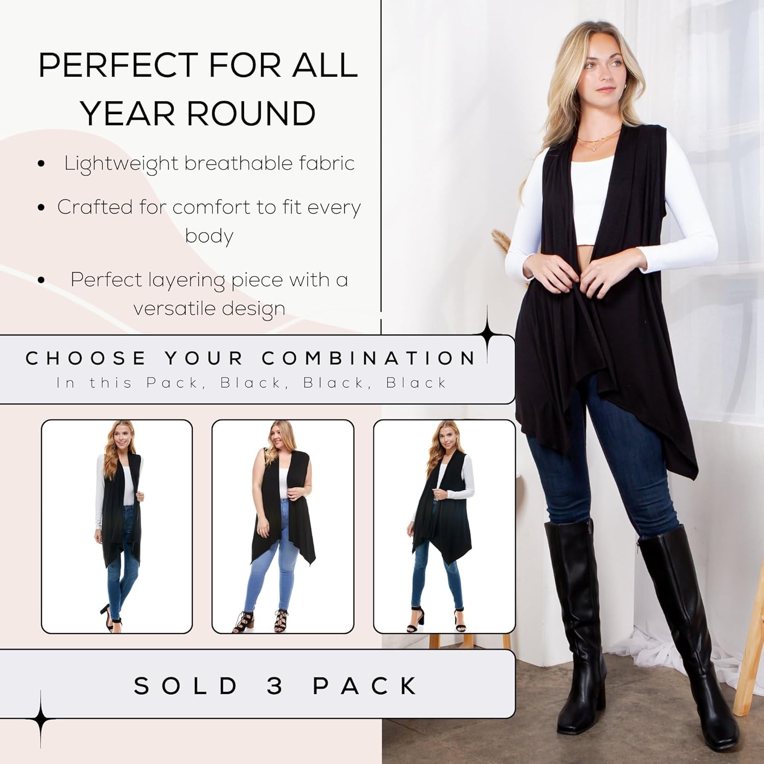 Azules 3 Pack Sleeveless Cardigan Vest for Women – Lightweight Open Front Long Cardigan – Flowy Casual Layer for Any Season - Image 4