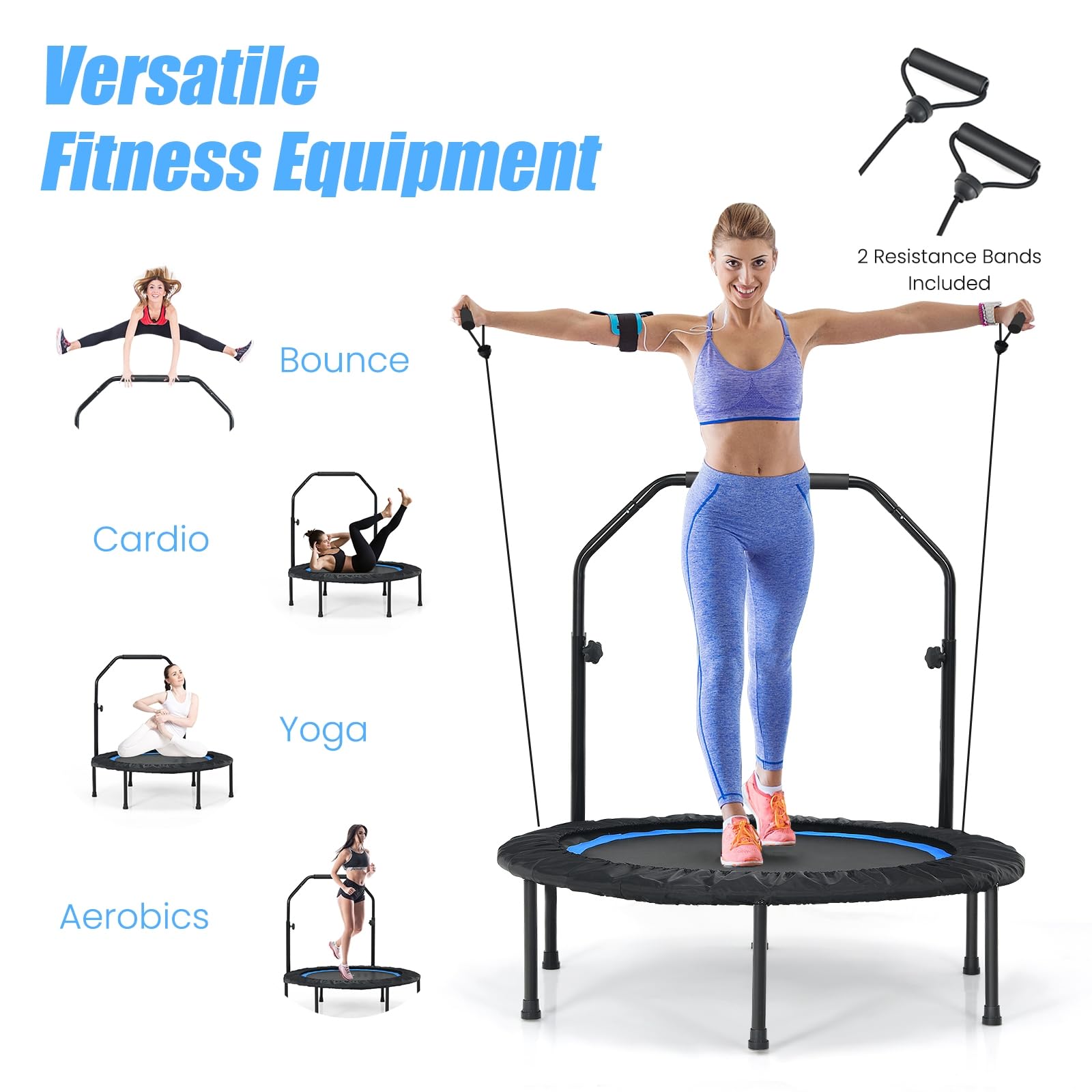 LIFEZEAL Trampolino per fitness pieghevole φ101 cm, saltatore con barra di sicurezza, 2 bande di resistenza, altezza regolabile 107,5-130,5 cm, telaio in acciaio, carico 150 kg, interno ed esterno