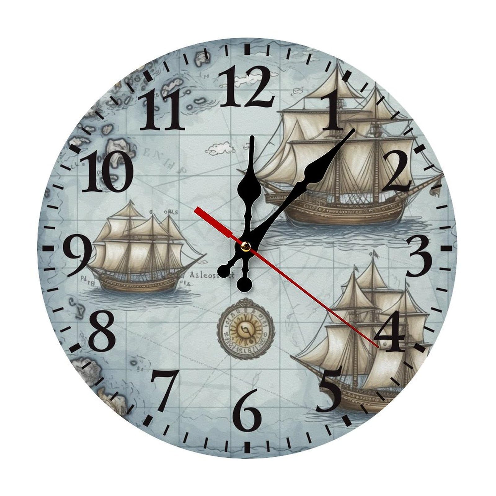 Horloge silencieuse à piles de 30cm avec cadran carte de bateau