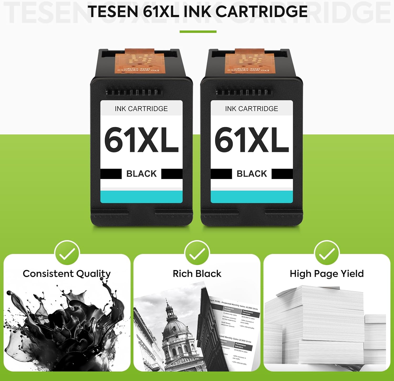 TESEN 61XL Ink Cartridges Replacement for HP 61 XL Black Ink Cartridge HP61 61XL Works with HP Envy 5530 4500 4502 5535 Deskjet 2540 2541 3050 3510 1510 OfficeJet 4630 4632 Printer (Black 2-Pack)