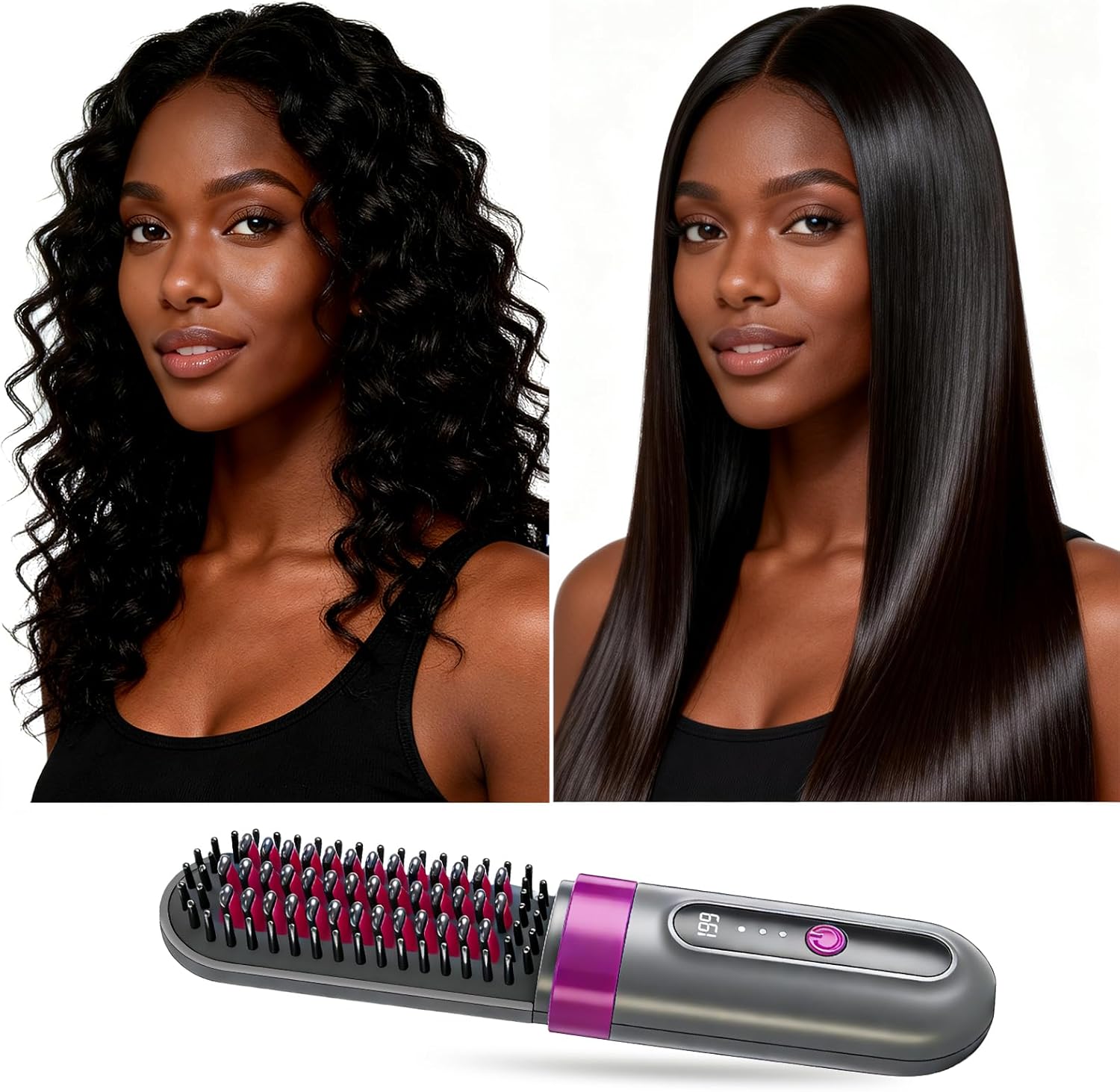 Cordless Hair Straightener Brush - Portable, Fast-Heating Styling Tool with Protective Dust Cover - 3 Temperature Settings, 300 Million Negative Ions for Frizz-Free Styling On-the-Go & Travel Use