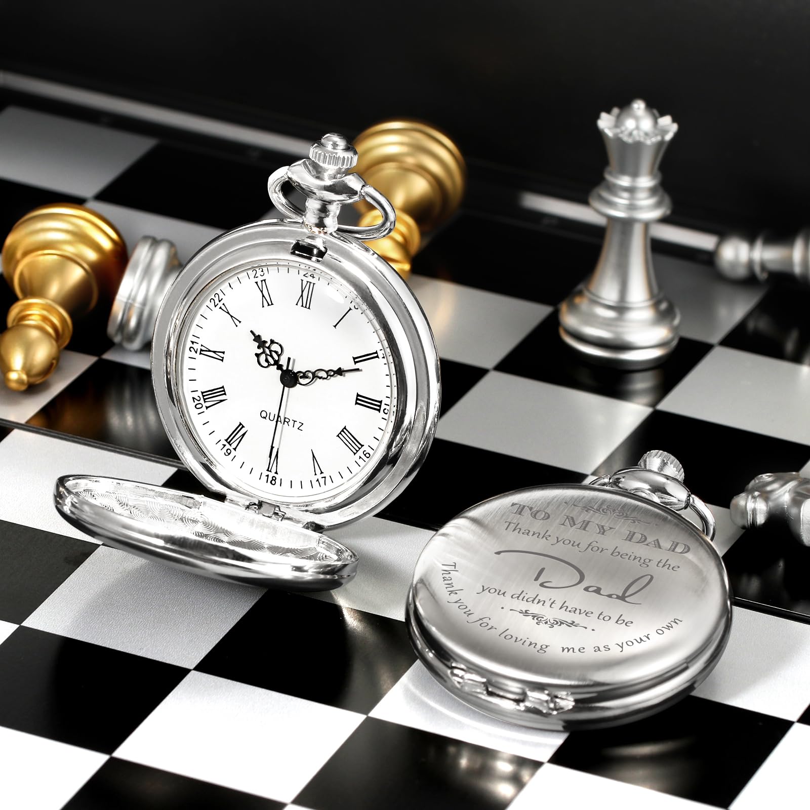 TREEWETO Pocket Watch Men Personalized Engraving “Thank You for Being The Dad Quartz Watches from Daughter to DAD Father Engraved with Chain, Silver