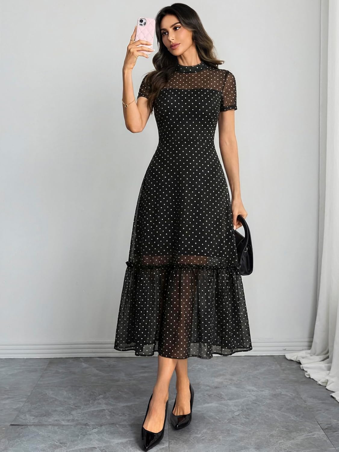 GothDark Women's Summer Floral Mesh Ruffle Dress Short Sleeve Round Neck Waist Cinched Casual Maxi Wedding Guest Dresses