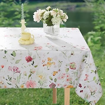MATIRUG Spring Summer Tablecloths for Rectangle Tables 52x70 Inch, Washable Watercolor Wildflower Green Floral Fabric Table Cloth,Waterproof Runner Style Tablecloth for Picnic Dinner Outdoor