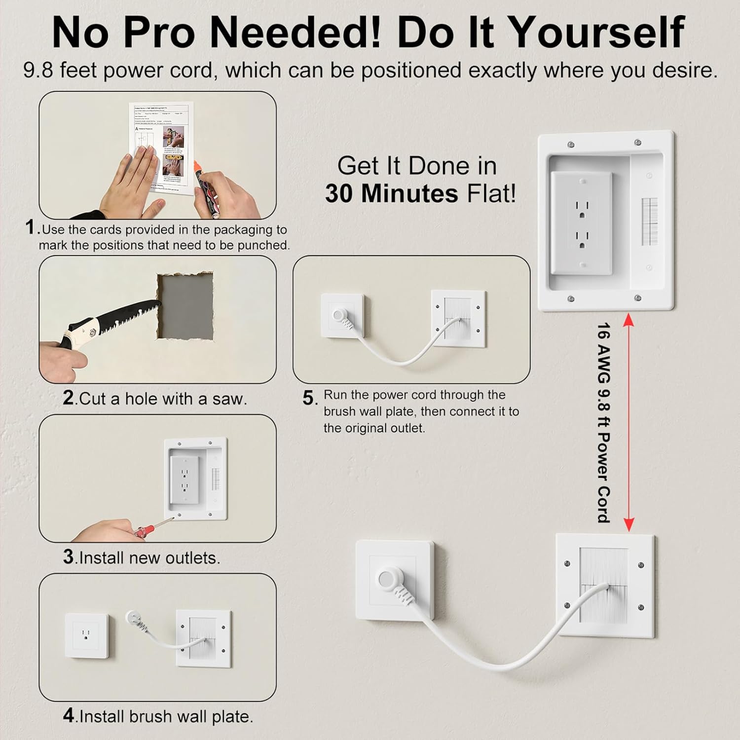 in-Wall TV Cable Concealer Kit with Recessed Power – 2 AC Outlet, 9ft Cord, and Hand Saw – Easy, Safe Cable Management for Organized TV and Home Theater Setups，Easy Installation Kit，Multiple Scenarios