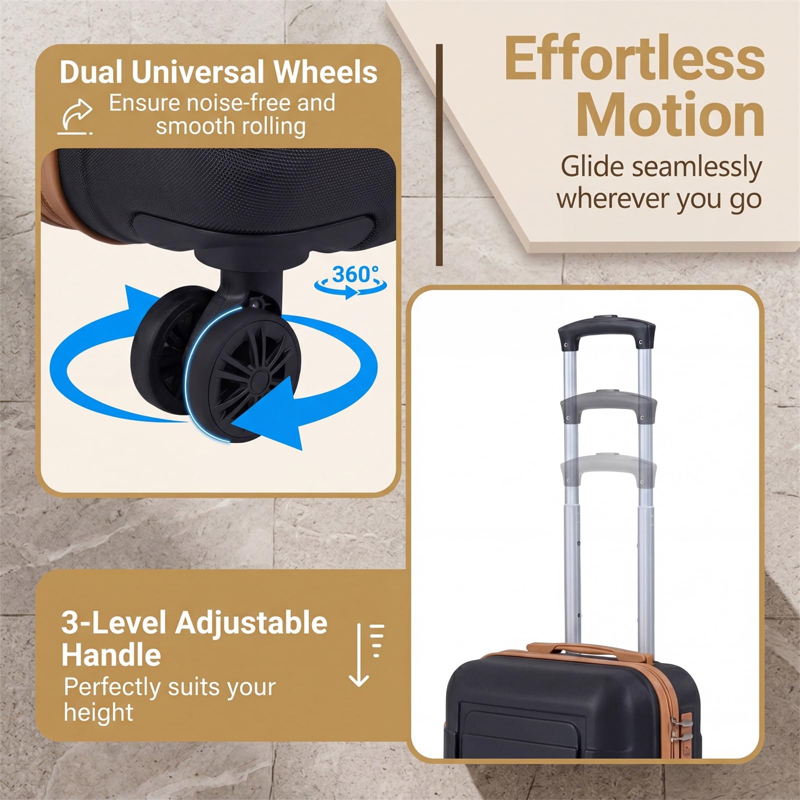 LIFEZEAL Set di Valigie da 5 Pezzi, Set Trolley da Cabina con 3 Valigie Rigide in ABS (28”/24”/20”), 1 Borsa da Viaggio e 1 Borsetta, Lucchetto a Codice, Ruote Girevoli e Manico Telescopico (Nero)