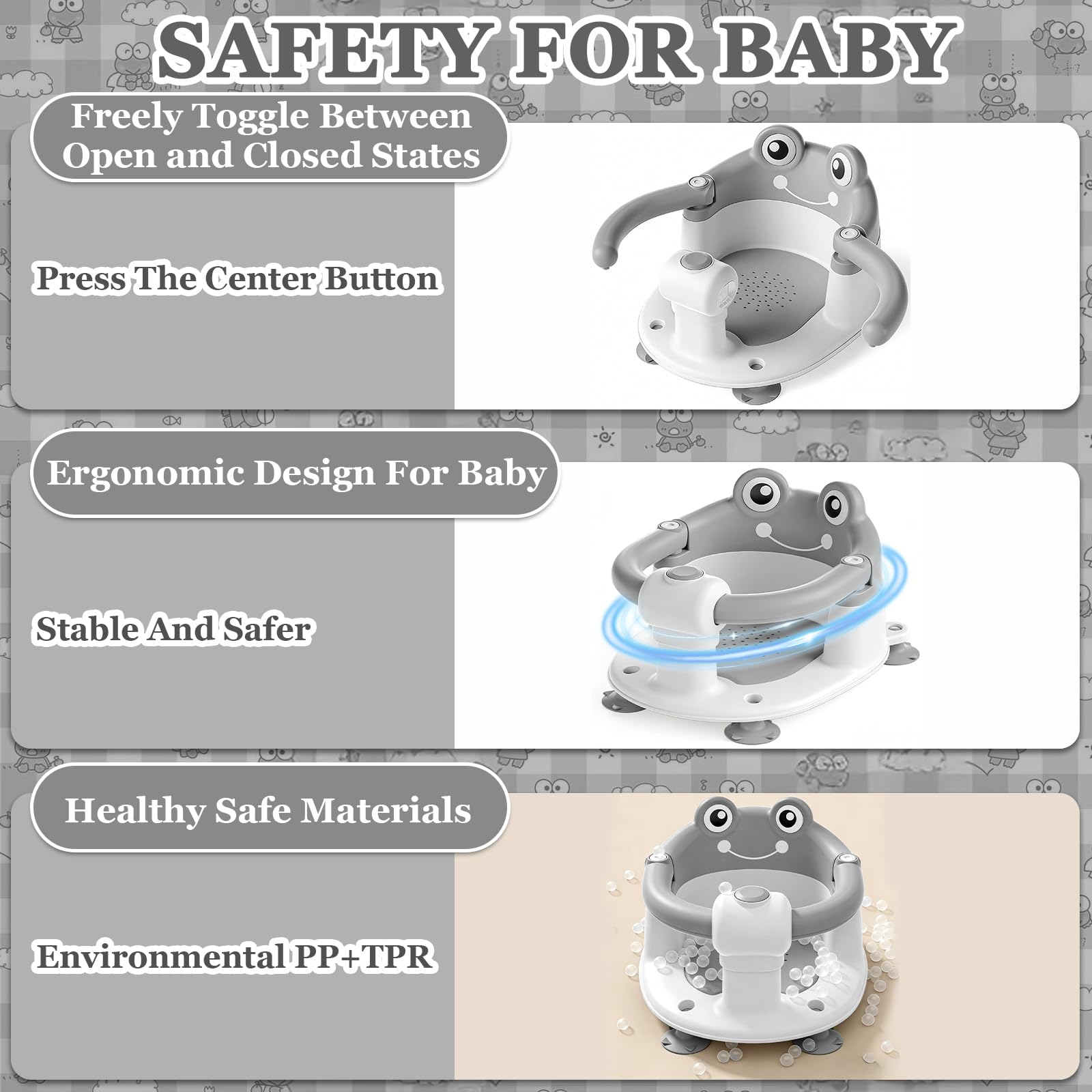 Bambino Seggiolino da Bagno,Seggiolino Doccia Bimbo,Seggiolino Vasca da Bagno Bambino,Seggiolino da Bagno con 4 Ventose,per Bambini a Partire da 6 Mesi per Doccia o Vasca da Bagno - Grigio