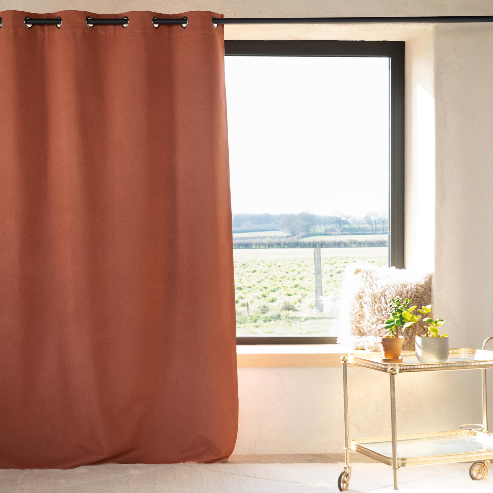 QABANE - Rideau 100% Occultant Thermique Phonique Chiné - Polyester - Isolation Acoustique et Thermique - pour Chambre, Salon, Bureau - 135 x 260 cm - Terracotta