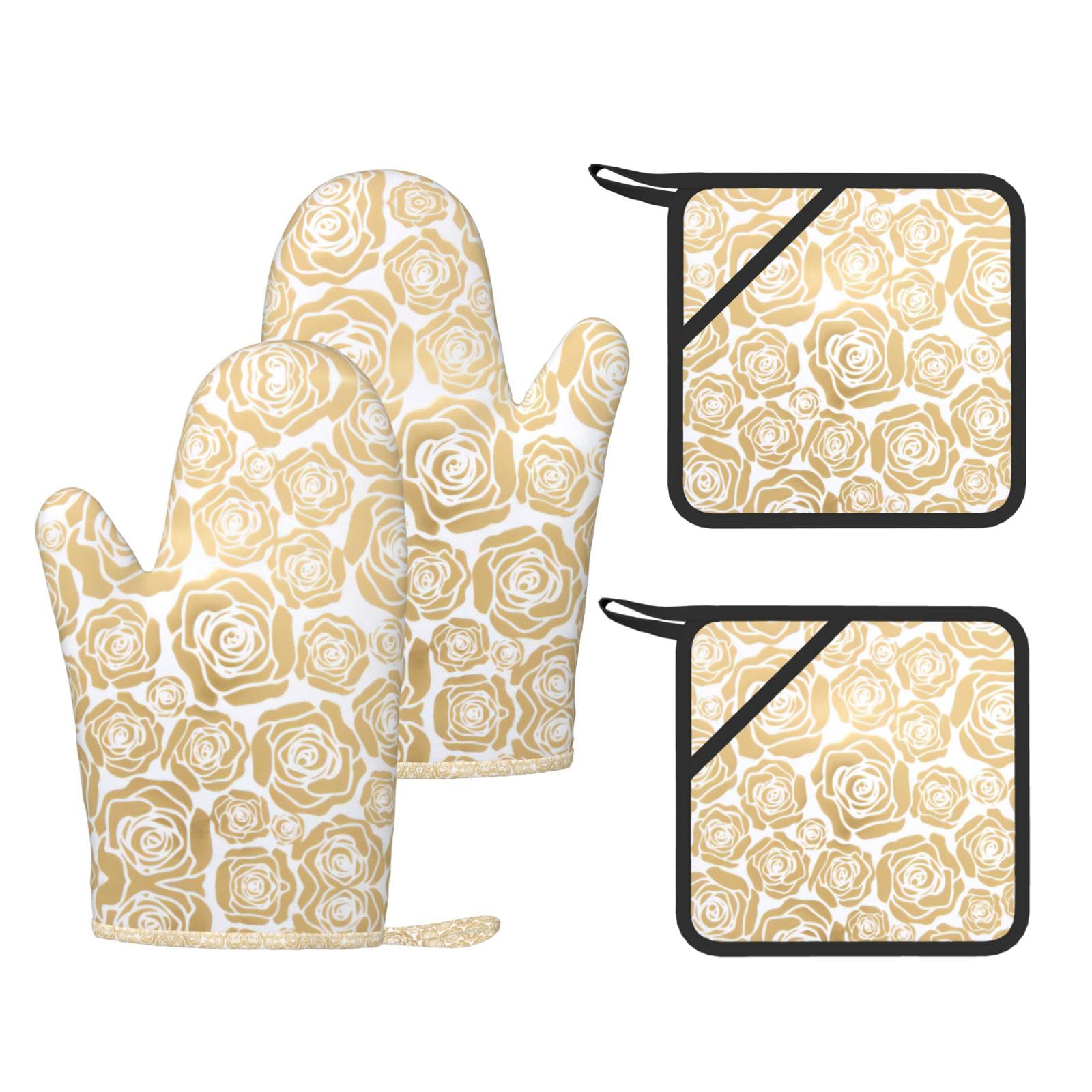 Many Golden Flowers Printed Pot Holders and Oven Mitts 4-Piece, Non-Slip Kitchen Gloves with Utensil Pocket for BBQ
