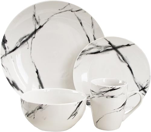 American Atelier Juego de vajilla de porcelana redonda de mármol negro Coup casual, colección de fiesta de 16 piezas con 4 platos de ensalada, 4