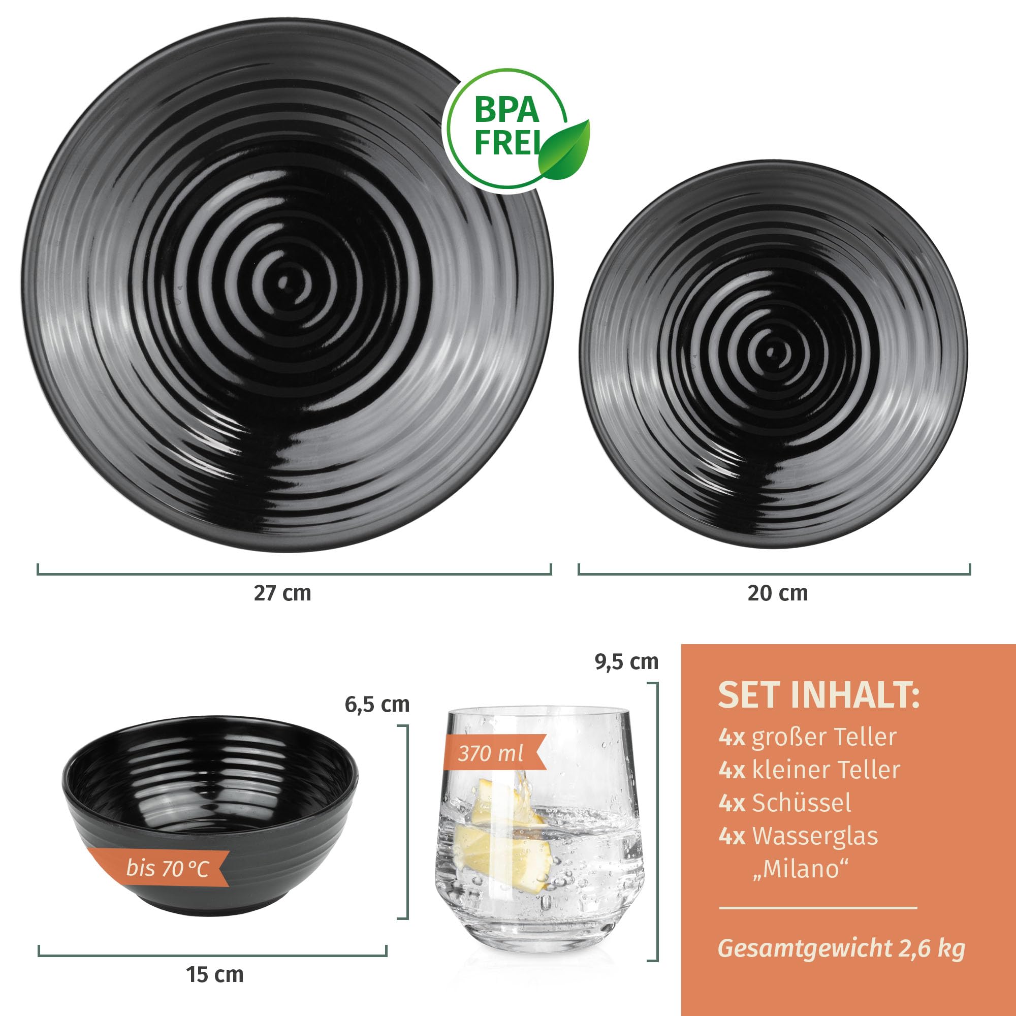 Vajilla de melamina para camping, 4 personas, color negro oscuro + 4 vasos Milano, vajilla de pícnic, barbacoa