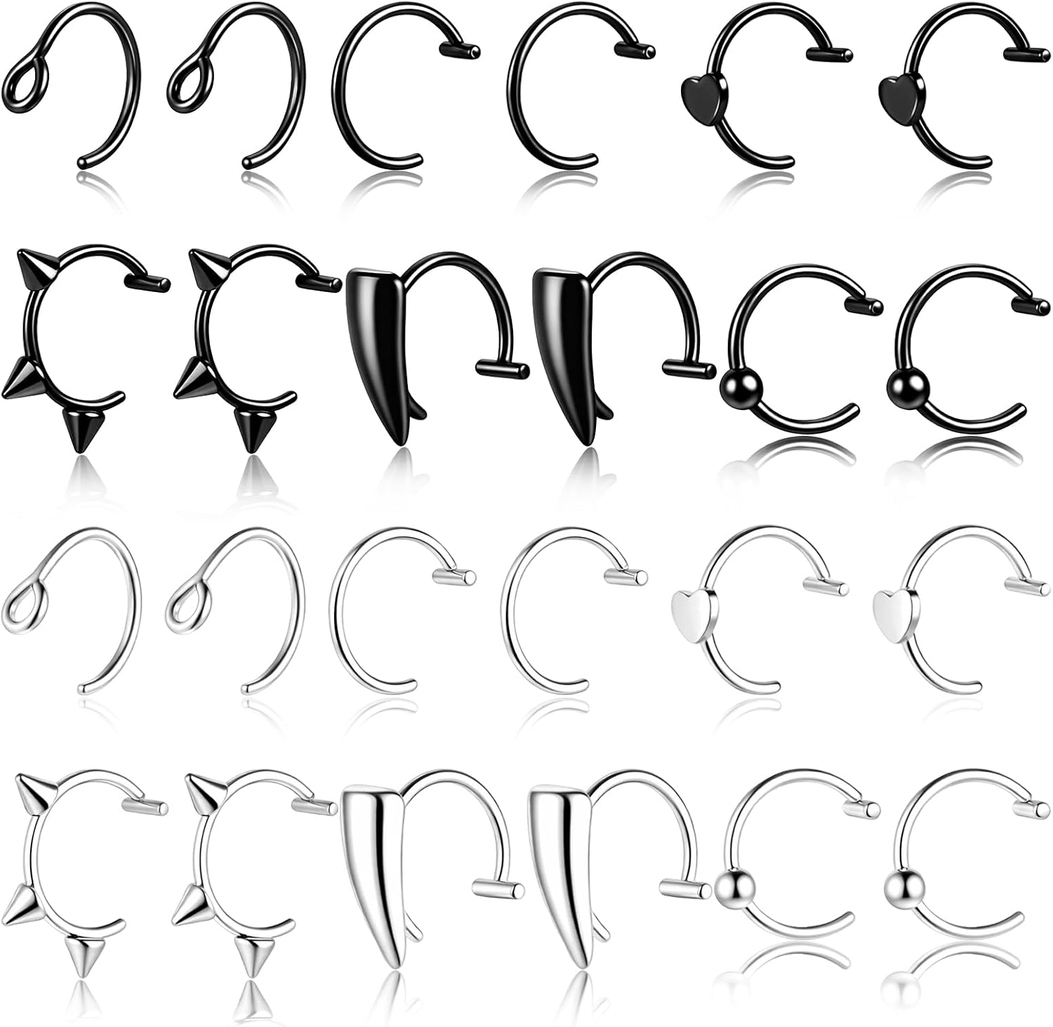 Tucnoeu 24pcs Fake Lip Ring, Fake Snake Bites Lip Piercing Non-Piercing Lip Cuff Ear Cuff Surgical Steel Fake Vampire Teeth Ring Kit for Women Men Halloween Jewelry Clip Earring Hoop