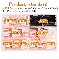 Vista 2 de 48 piezas de conectores de terminal de batería, extremos de cable, lengüetas de anillo de alambre de cobre con tubo termorretráctil de calibre AWG