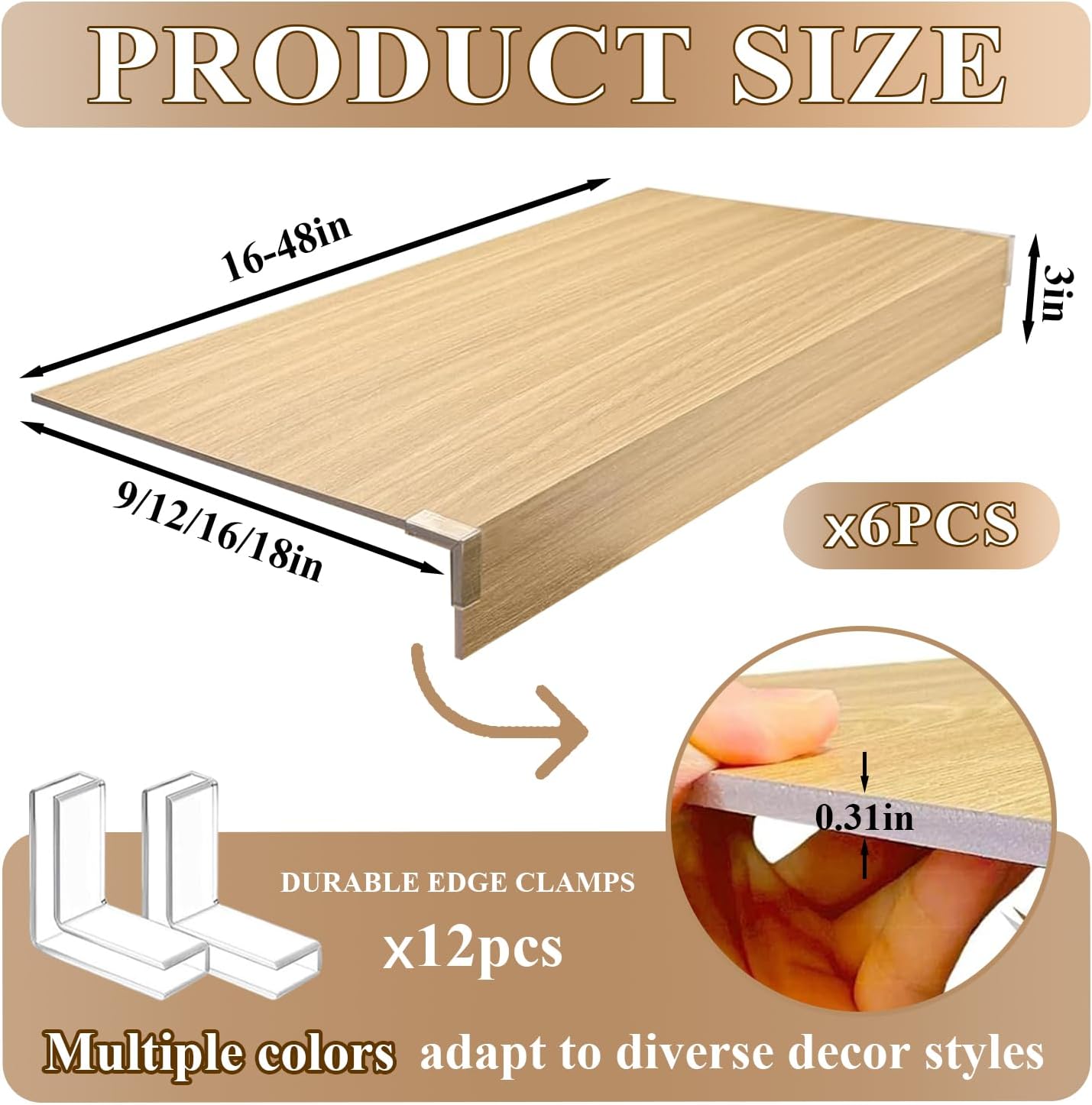 wire shelf covers 6 pcs,25x12x3in foamed pvc wire rack covers for removable closet decoration(not wood),office,home,kitchen,easy-to-clean organizer liners,color#02 wood color 25x12x3in color#02 wood color