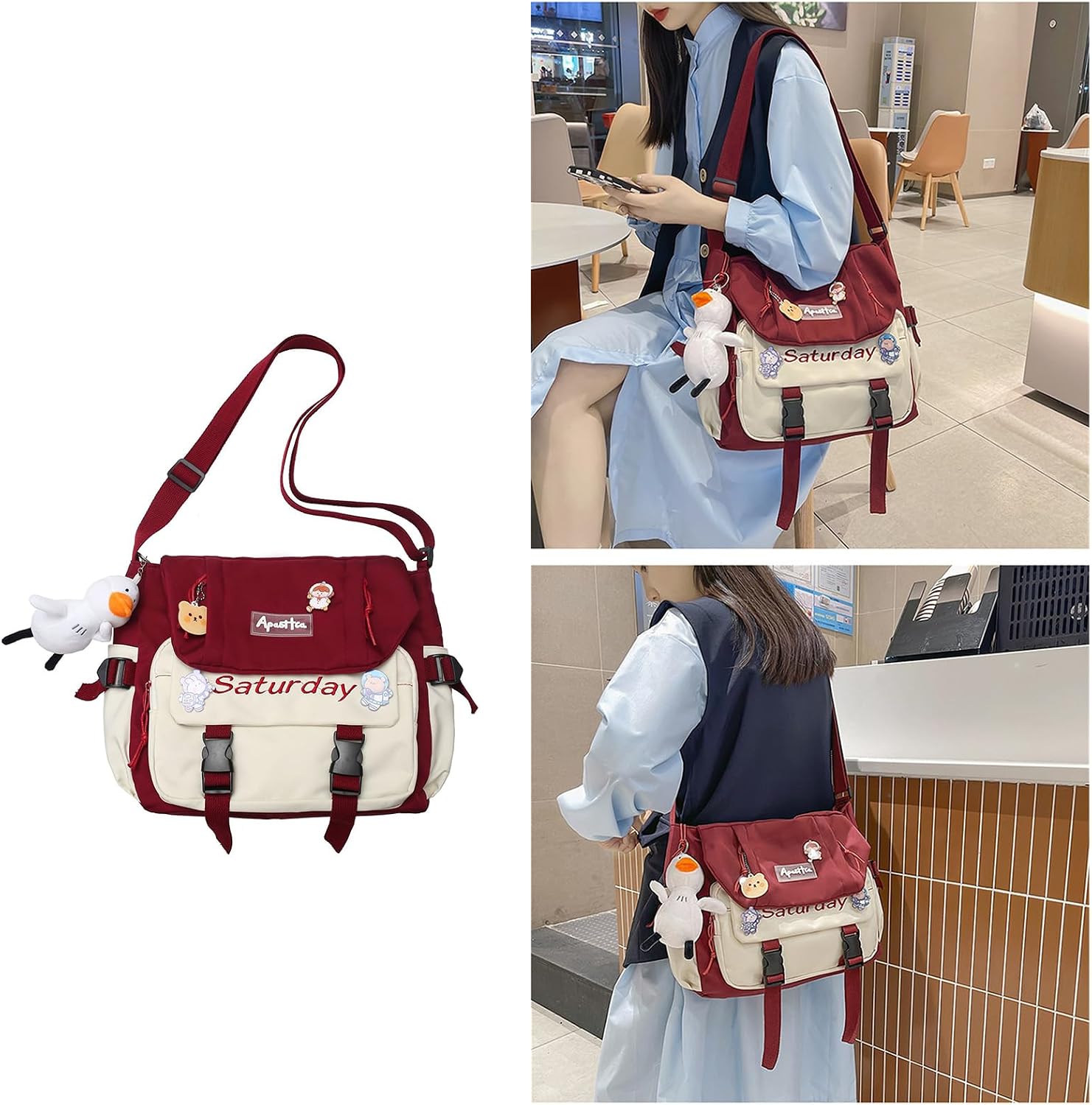 Crossbody Bag for Teen Girl Cute Book with Pendant Large Capacity Canvas School Verstile Messenger Trendy Casual Cros