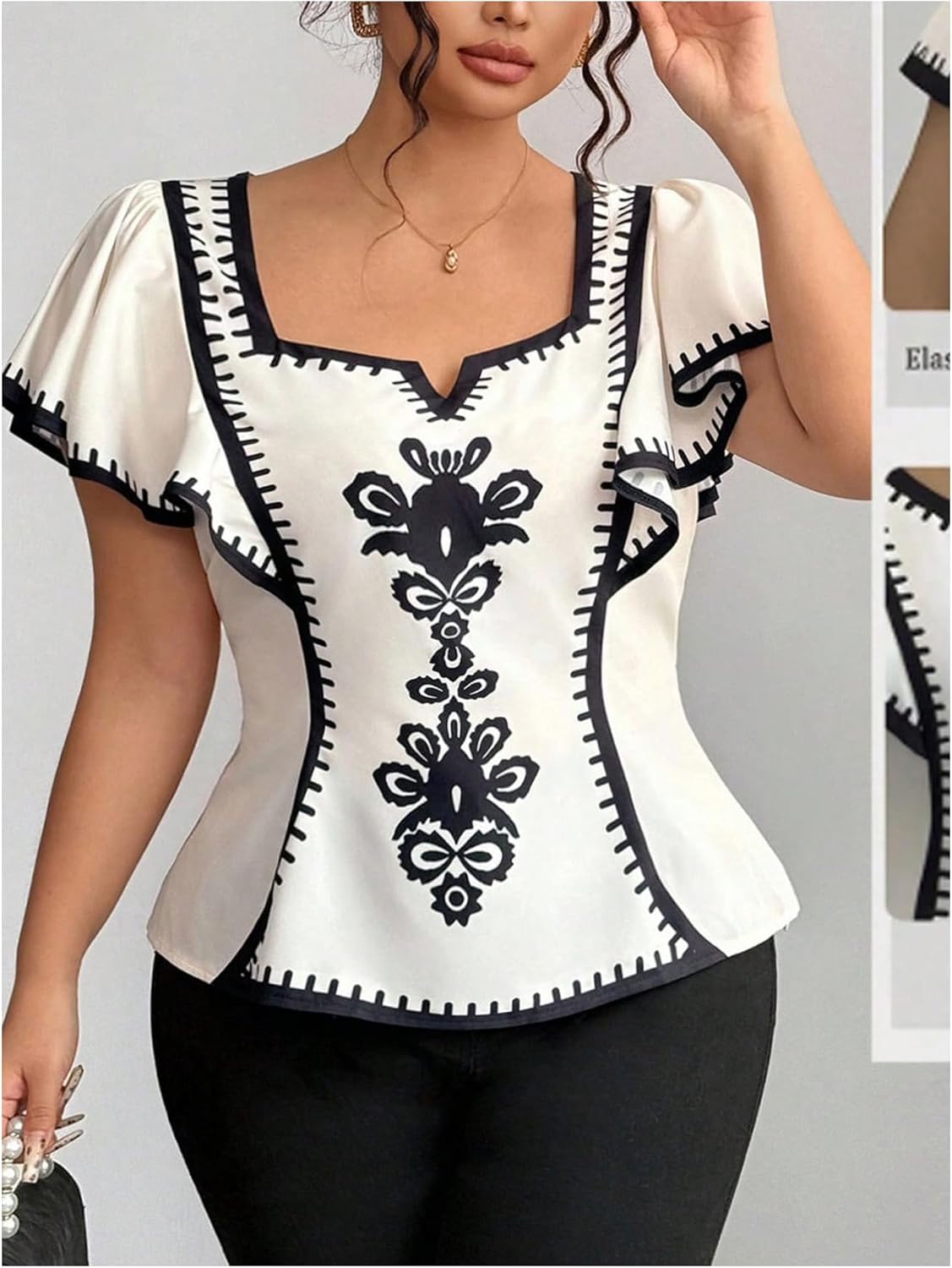 SOLY HUX Women's Plus Size Boho Print Blouse Ruffle Sleeve Fitted Shirt Dressy Casual Summer Tops - Image 5