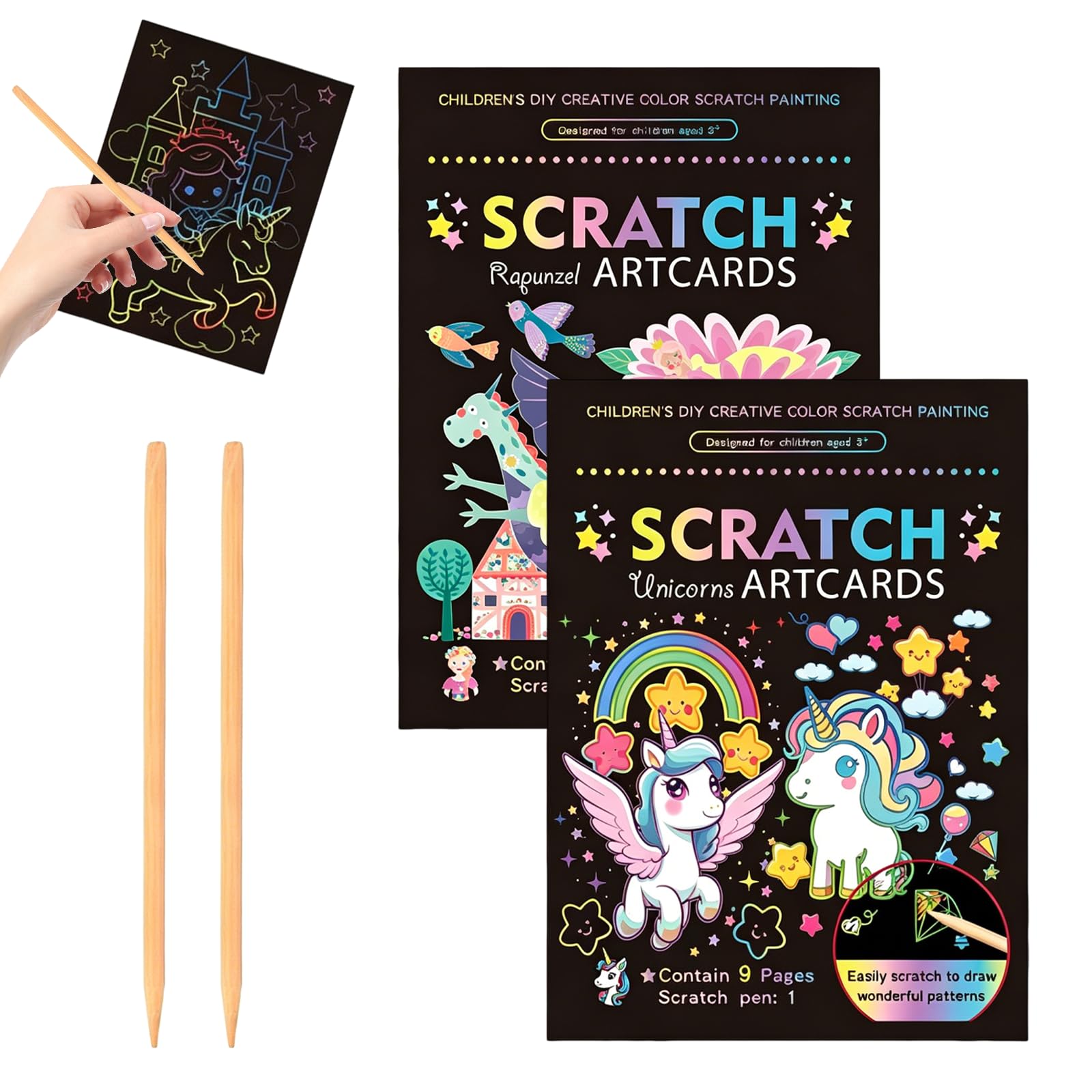 2 Rainbow Scratch Art Book Set with Wooden Stylus, Unicorn & Adventure Princess Magic Safe Rainbow Scratch Paper for Kids, DIY Arts & Crafts Kit for Girls Boys Children
