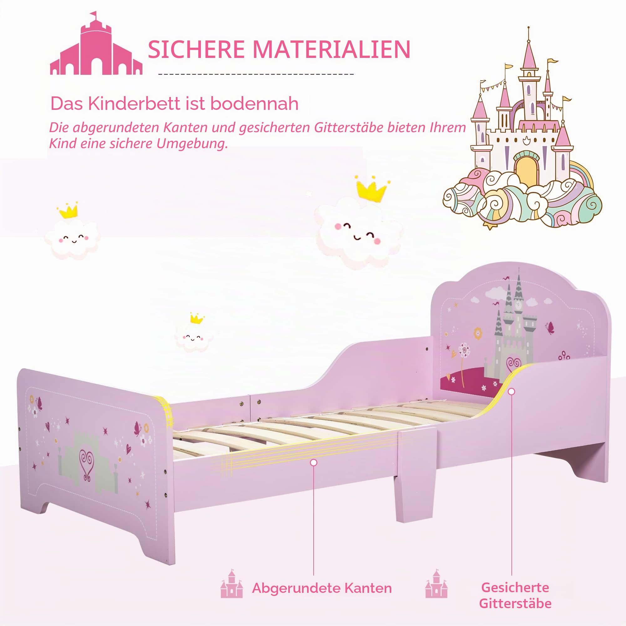 HOMCOM Kinderbett - Kinderbett Princess Design Schlossmotiv - Inklusive Lattenrost - MDF Sperrholz Rosa
