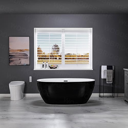 Miniatura 3 de WOODBRIDGE Bañera de acrílico independiente de 59 pulgadas, bañera negra de remojo contemporáneo con desbordamiento y drenaje negro mate, BTA1818-MB