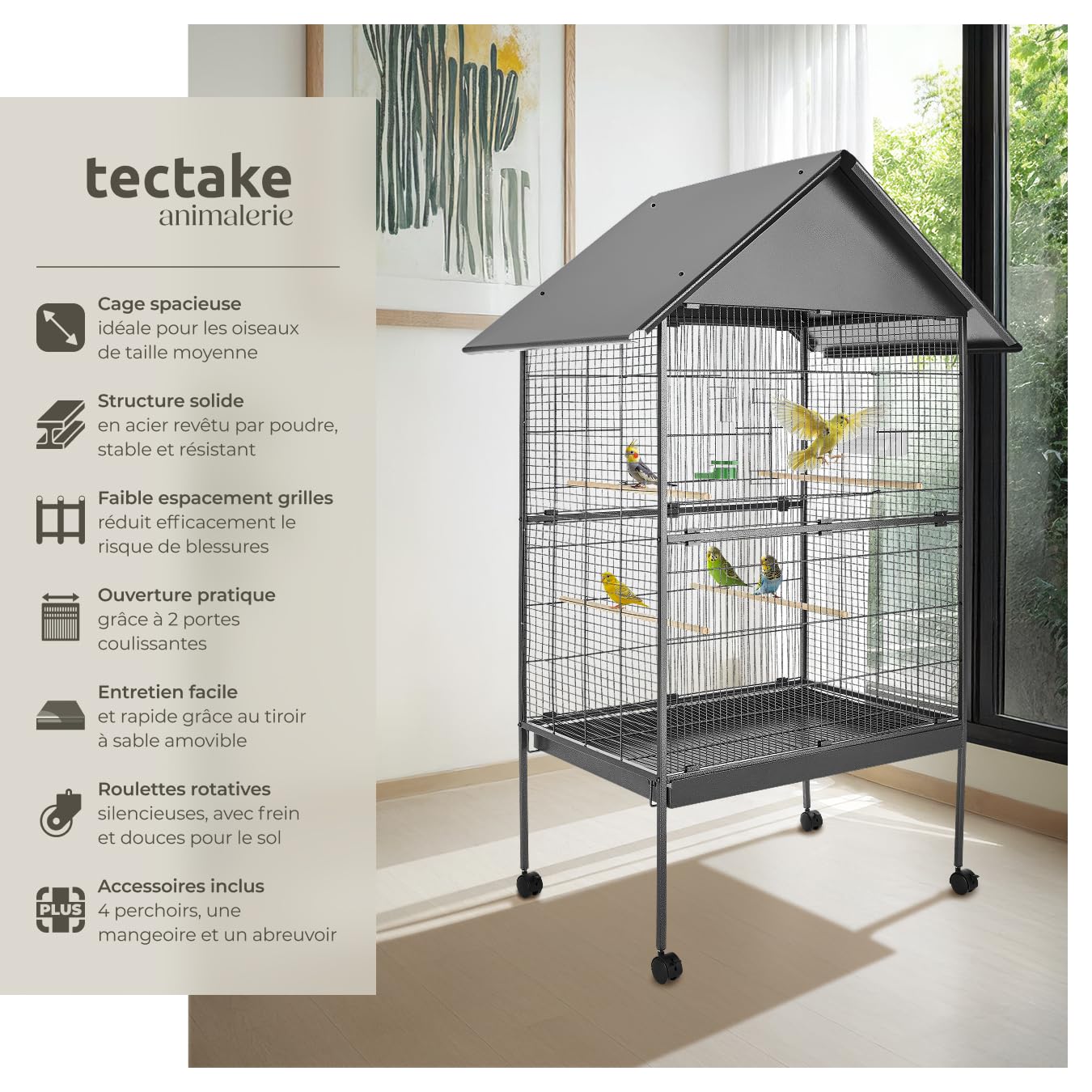 tectake® Cage à Oiseau avec Toit Voliere Oiseaux Interieur Cage Perroquet sur roulettes 85x60x168cm avec bac à Sable, Grand mangeoire & 4 perchoir Oiseaux, idéal Perroquet Perruche canari calopsitte