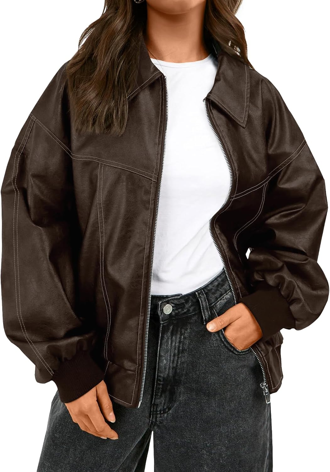 Trendy Queen Womens Leather Jackets Oversized Zip Up Motorcycle Bomber Jackets Fall Fashion Outfits Winter Clothes 2026