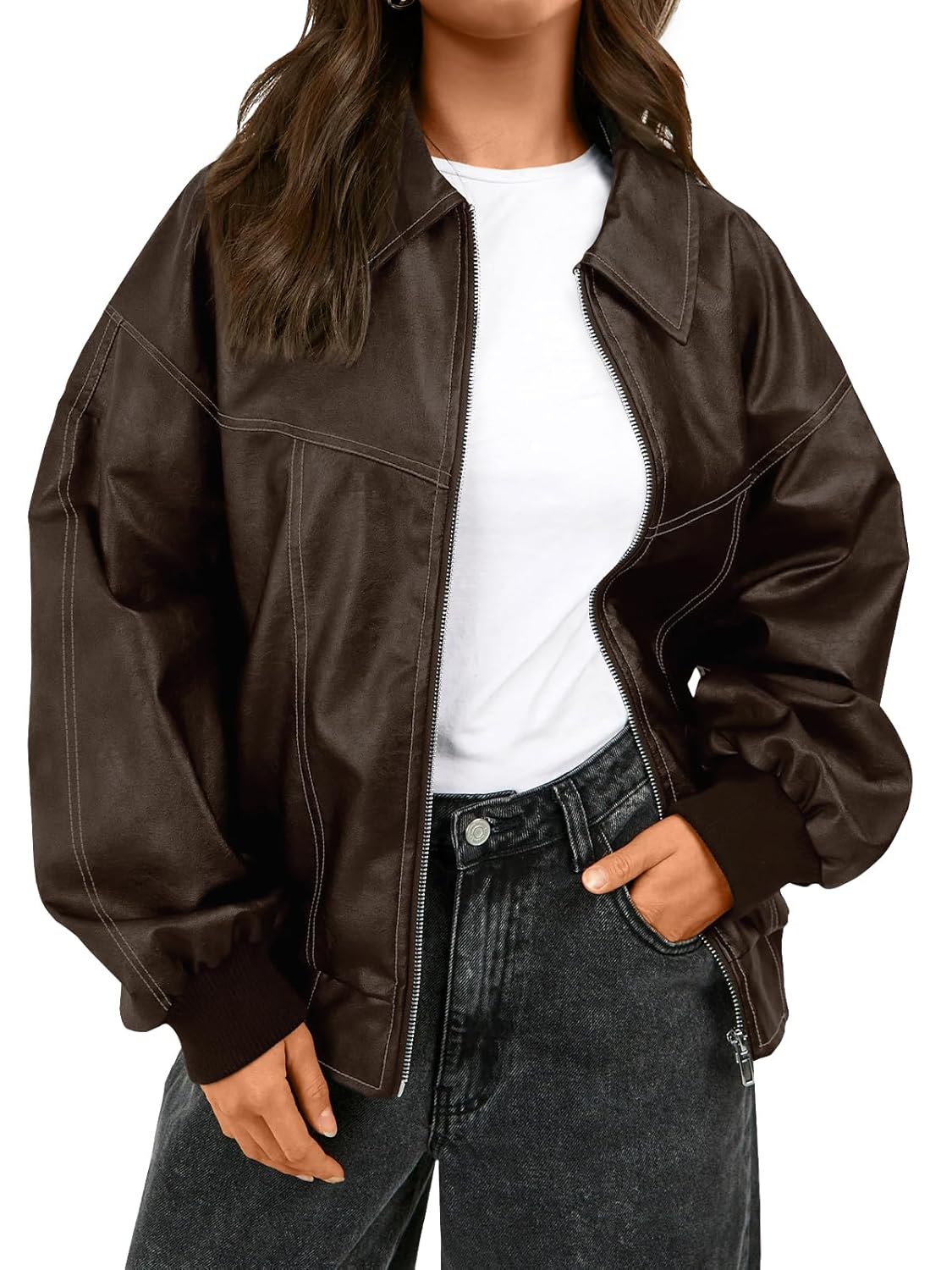 Trendy Queen Womens Leather Jackets Oversized Zip Up Motorcycle Bomber Jackets Fall Fashion Outfits Winter Clothes 2026