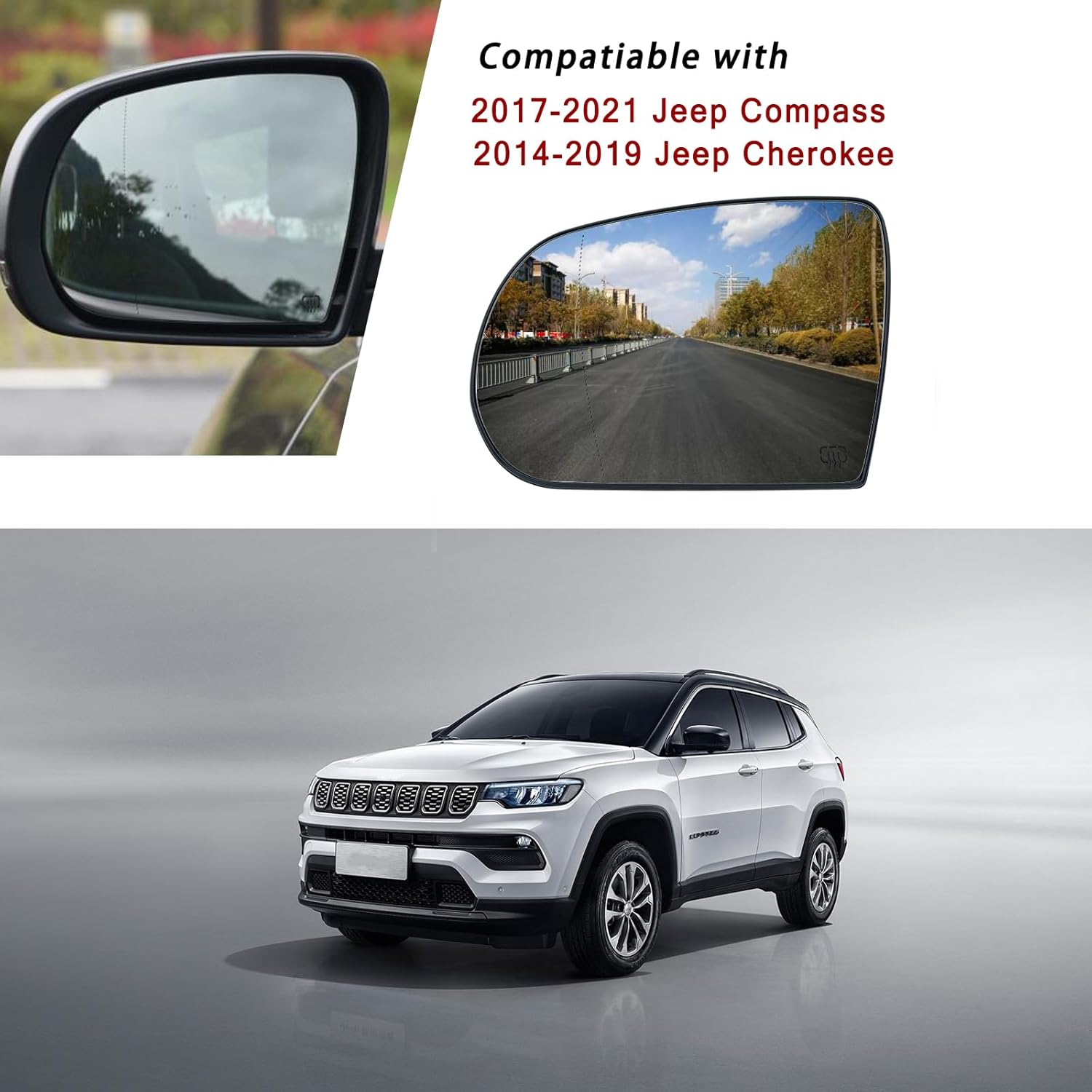 Driver Side Mirror Replacement for Jeep Cherokee 2014-2019 Jeep Compass 2017-2021, Left Exterior Side Rearview Mirrors Glass, with Backing Plate, Power Heated