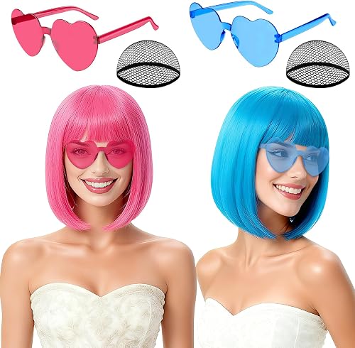 2 Pack Colored Bob Wigs and Heart Sunglasses Set, Blue Hot Pink Short Straight Bob Wig with Bangs Neon Party Colorful Synthetic Hair for Women Men Halloween Costume Bachelorette Party Favors