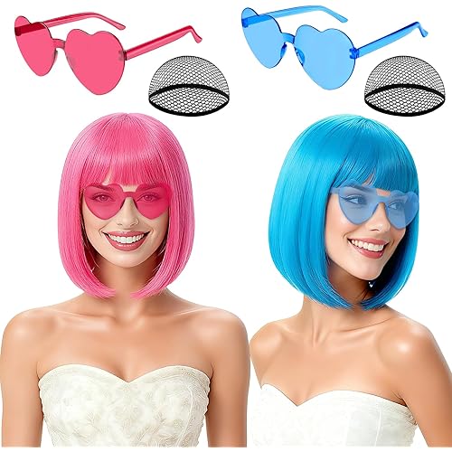 2 Pack Colored Bob Wigs and Heart Sunglasses Set, Blue Hot Pink Short Straight Bob Wig with Bangs Neon Party Colorful Synthetic Hair for Women Men Halloween Costume Bachelorette Party Favors