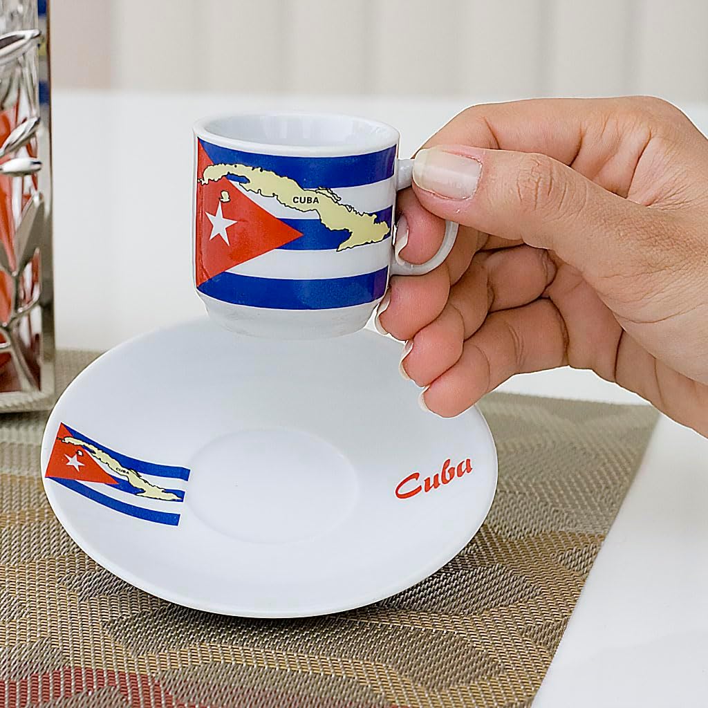 YSSER Cuban Flag Espresso Cup Set, 2.5 oz Cups with Saucers, 12 Piece Set