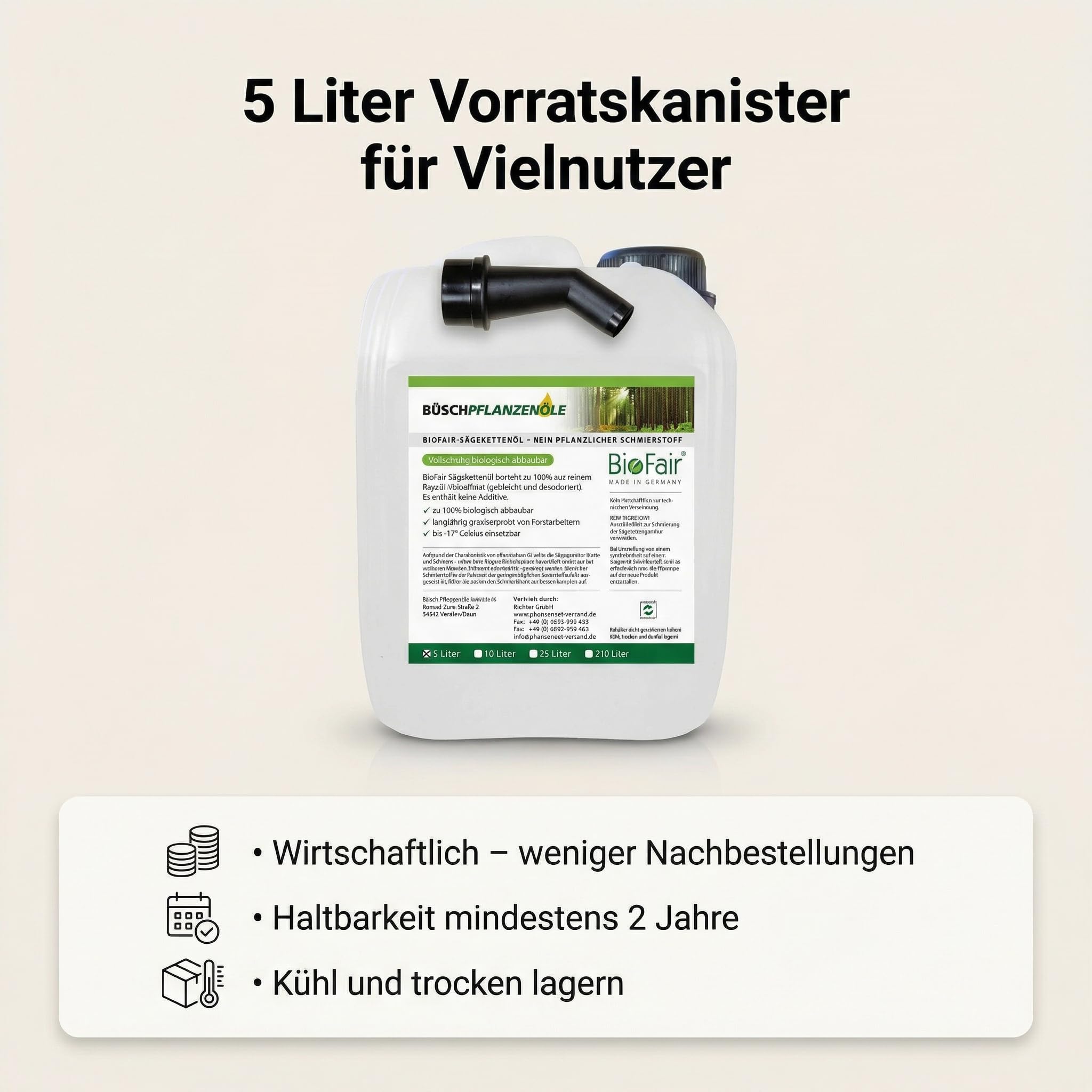 BioFair Sägekettenöl (5 Liter) aus 100% reinem Rapsöl-Vollraffinat