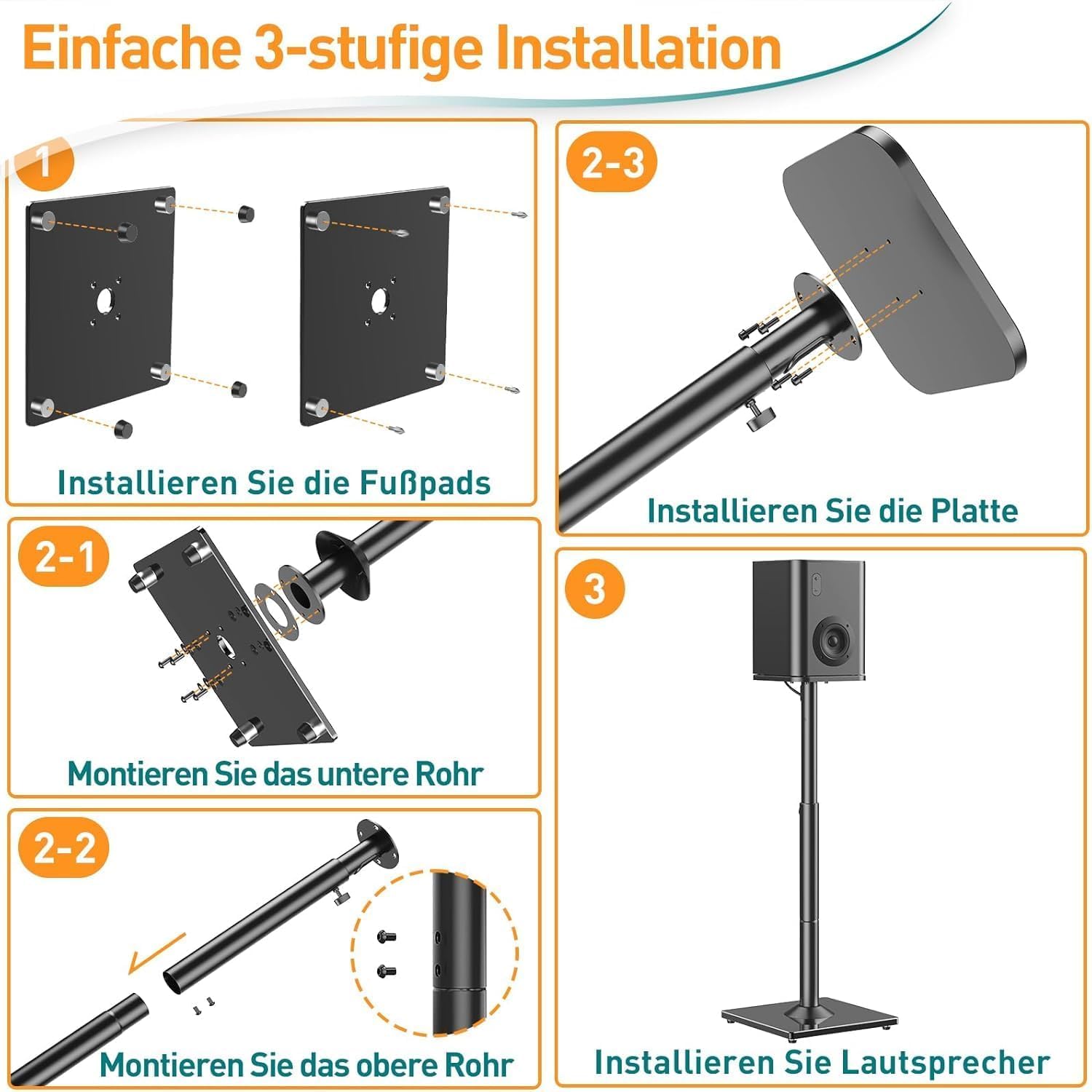 ELIVED Universal Lautsprecherständer höhenverstellbar bis 95cm, Boxenständer mit Glassockel & interner Kabelkanal für Regallautsprecher, 10kg Tragkraf, Schwarz, 1 Paar