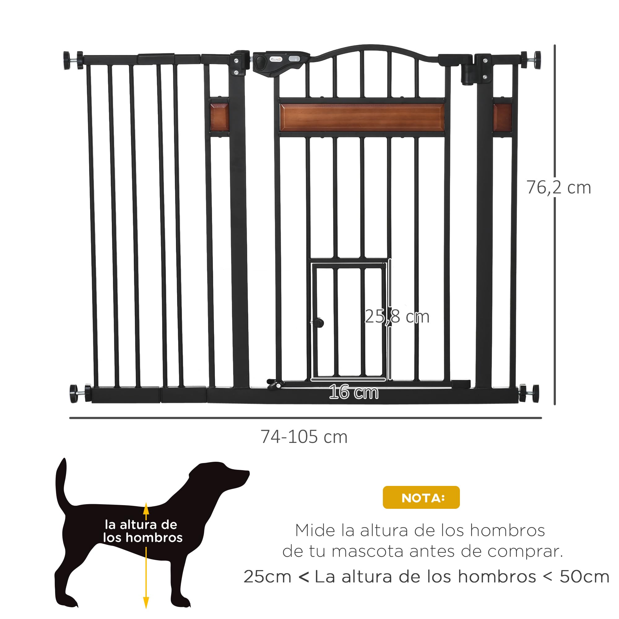 PawHut Barrera de Seguridad Extensible para escaleras 93x76,2 cm Negro | Para Puertas, Cierre Automático, Altura Ajustable, Doble Bloqueo, para Perros Medianos
