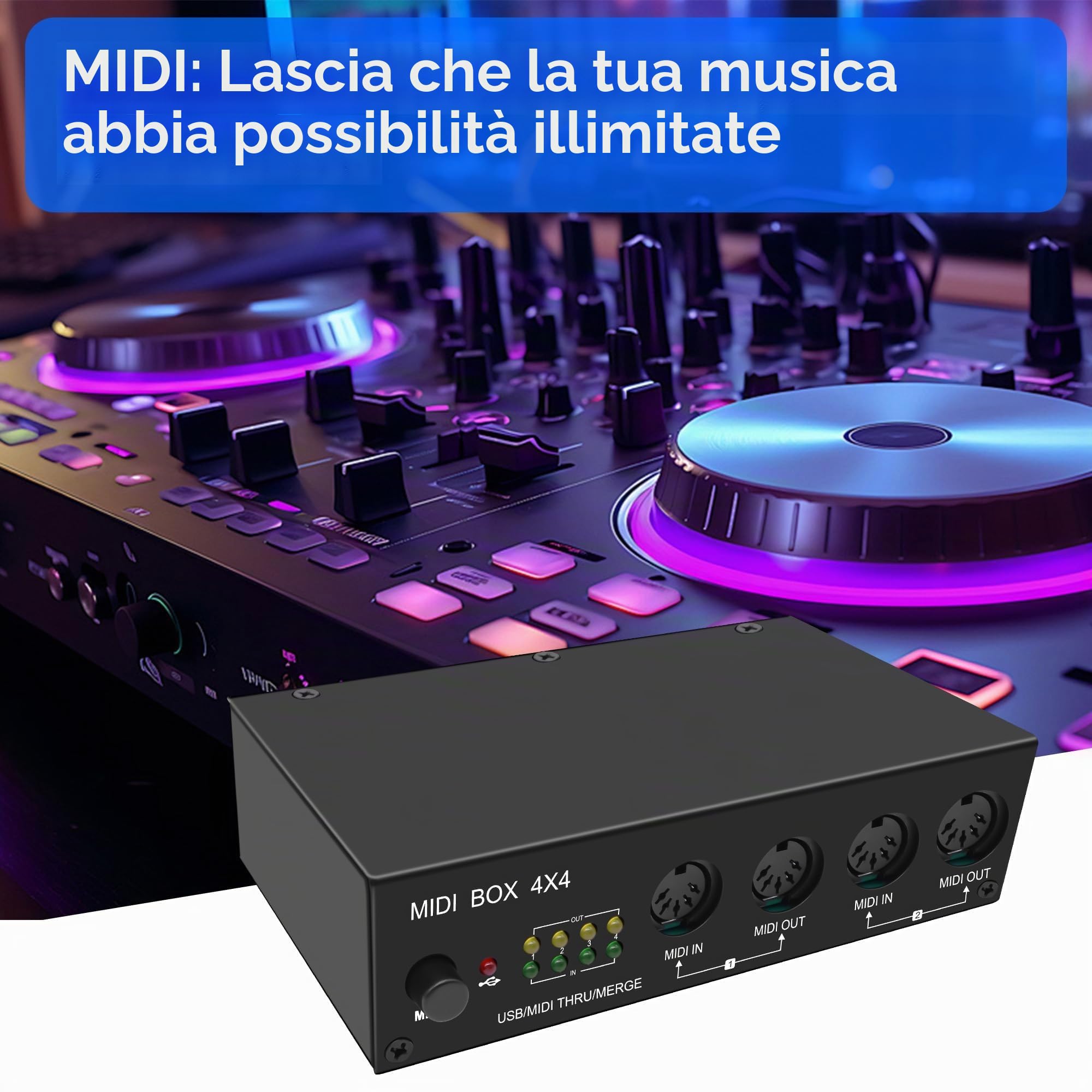 XMSJSIY USB MIDI Interface Box 4 In 4 Out 64 Canali MIDI Thru Box 4 * 4 Converter con Router Unire Splitter Thru Hub con indicatori LED per PC Mac e strumenti MIDI USB