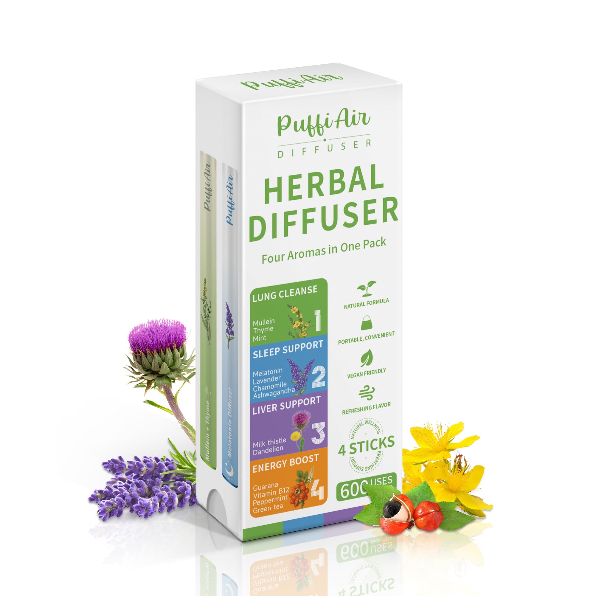 4-in-1 Wellness Herbal Diffuser Bundle | Natural Plant-Based Portable Aromatherapy for Energy, Sleep, Liver & Lung Support | 600 Uses Per Stick, Pocket-Sized Design Variety Pack (Green, Blue, Orange, Purple)