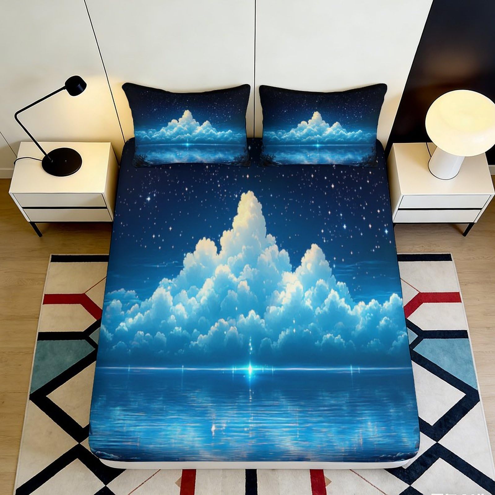 3D Printed Dream Cloud Fitted Sheet Microfiber Soft Night Sky Mattress Cover for Bedroom Guest Room Decor 90x200x25cm