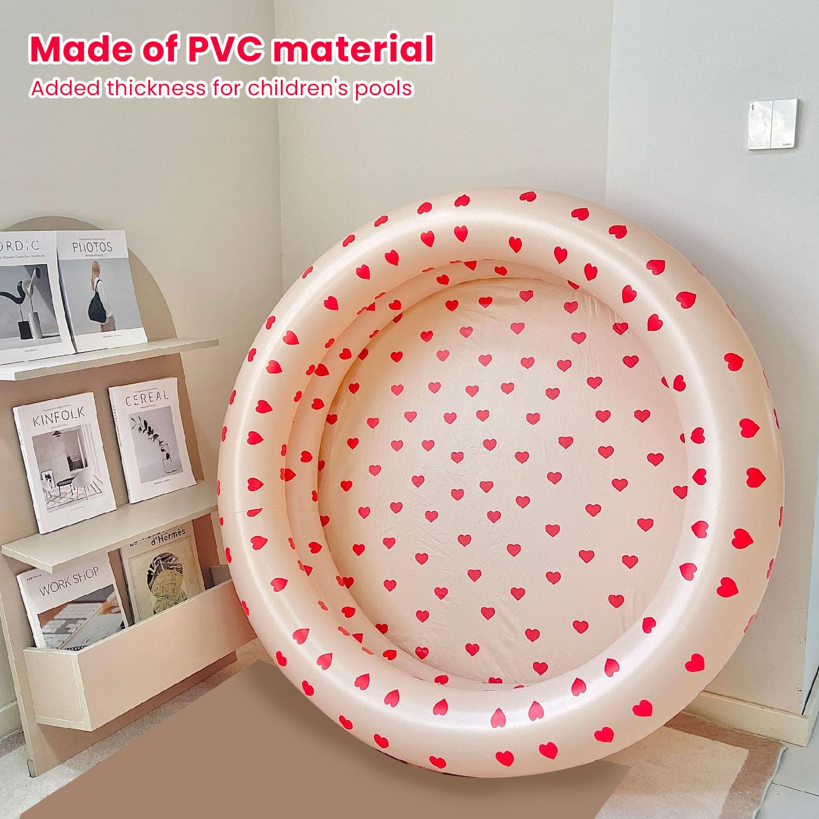Round Inflatable Swimming Pool Vintage Heart Pattern Thicken Kids Paddling Pool for Indoor Pink Inflatable Swimming Pool Baby Vintage Pink Pool Thickened Home Ocean Ball Pool - Image 4