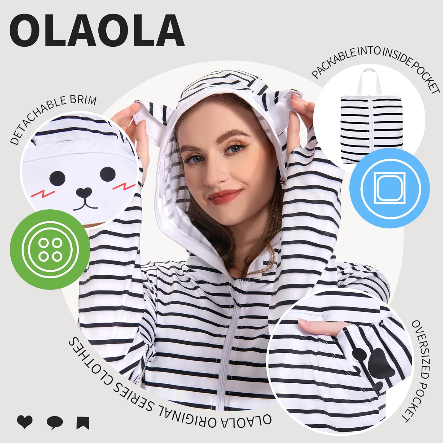 OLAOLA Women's Swimwear Cover Ups UPF 50+ Sun Protection Hoodie Lightweight Long Jacket with Detachable Visor - Image 2