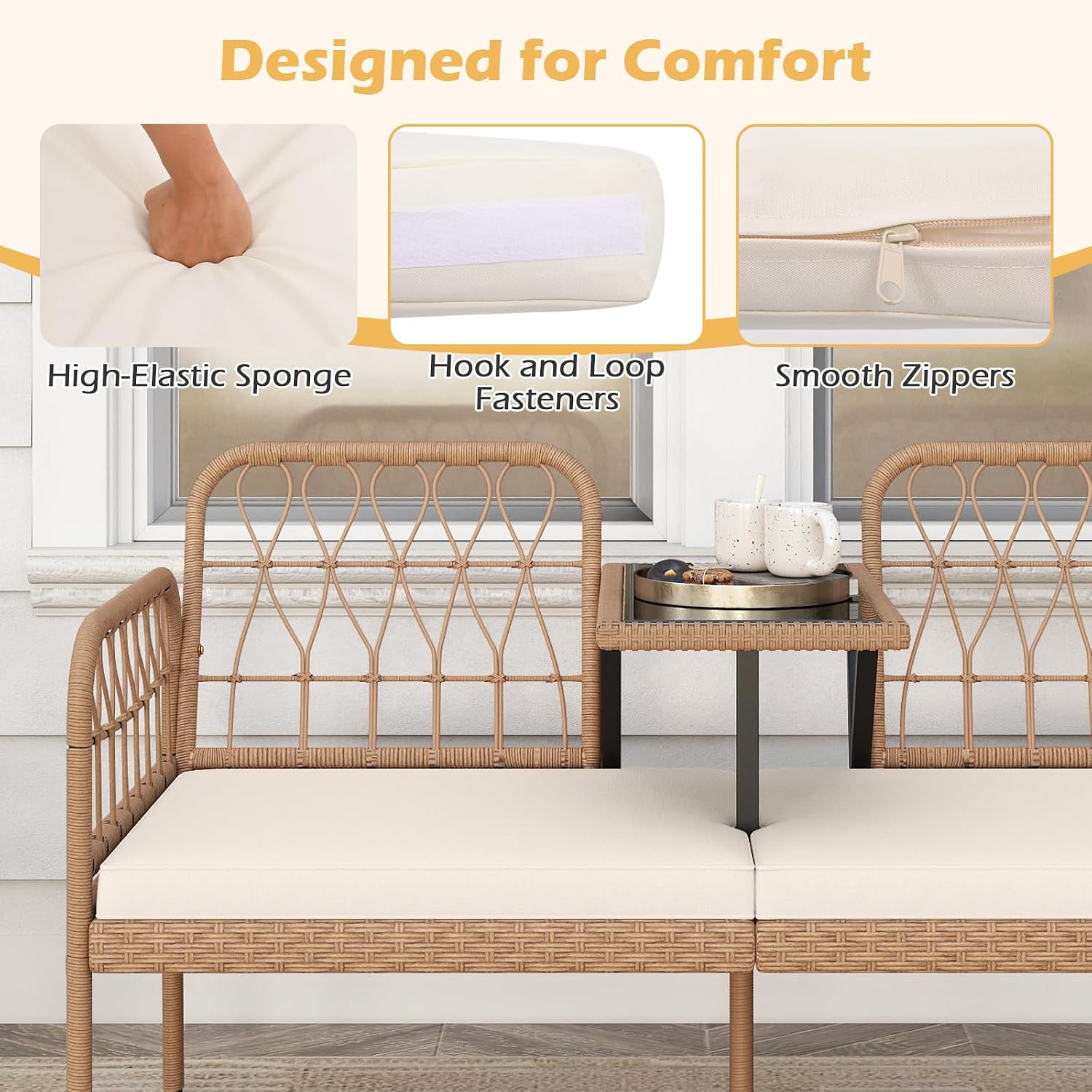 Tangkula Outdoor Loveseat with Built-in Coffee Table, Patio Wicker Conversation Sofa for 2 with Padded Cushion, for Lawn, Garden and Backyard (Off White)