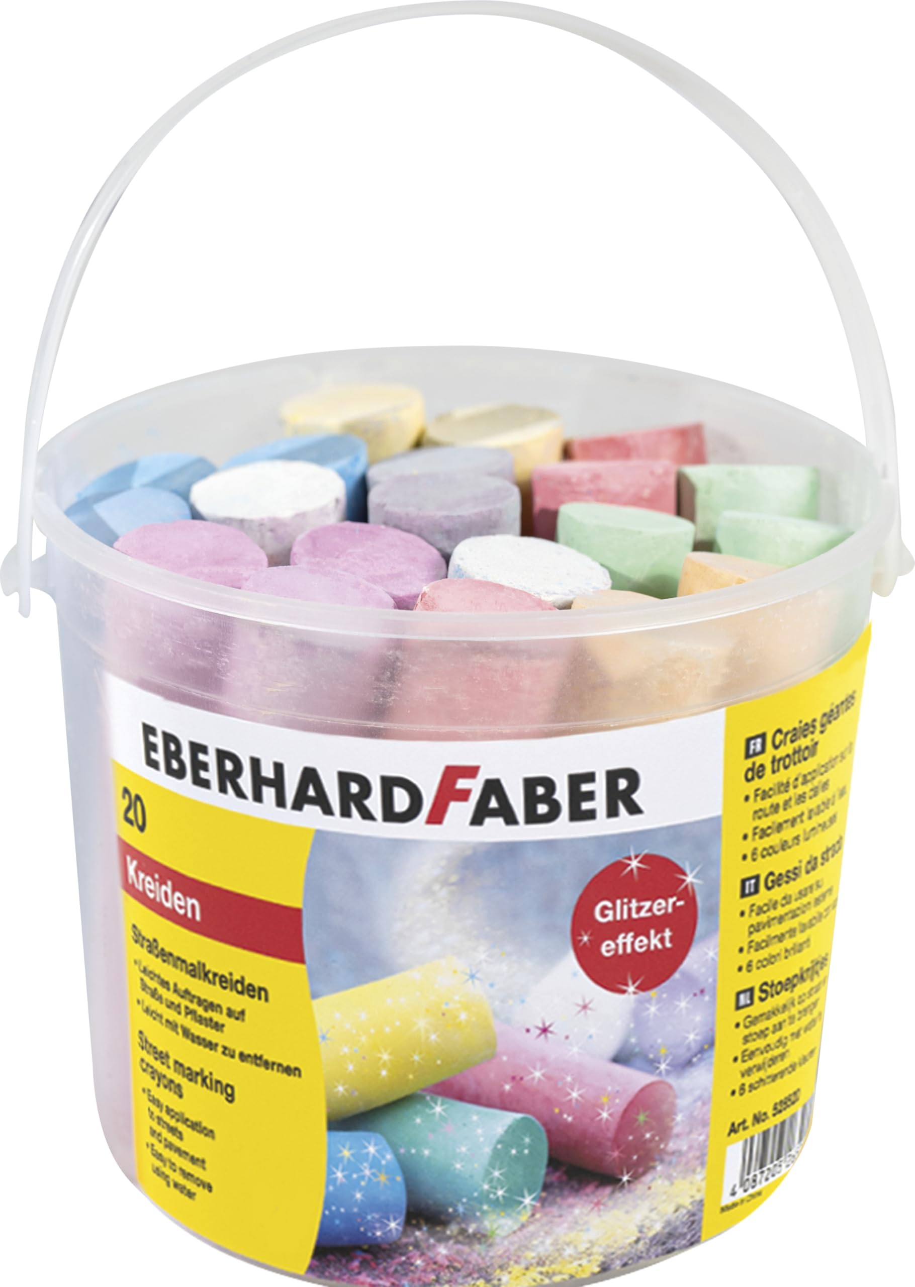 EBERHARD FABER 526520 - Straßenkreide Glitzer 20er Eimer, 6 leuchtenden Farben Straßenmalkreide mit Glitzereffekt