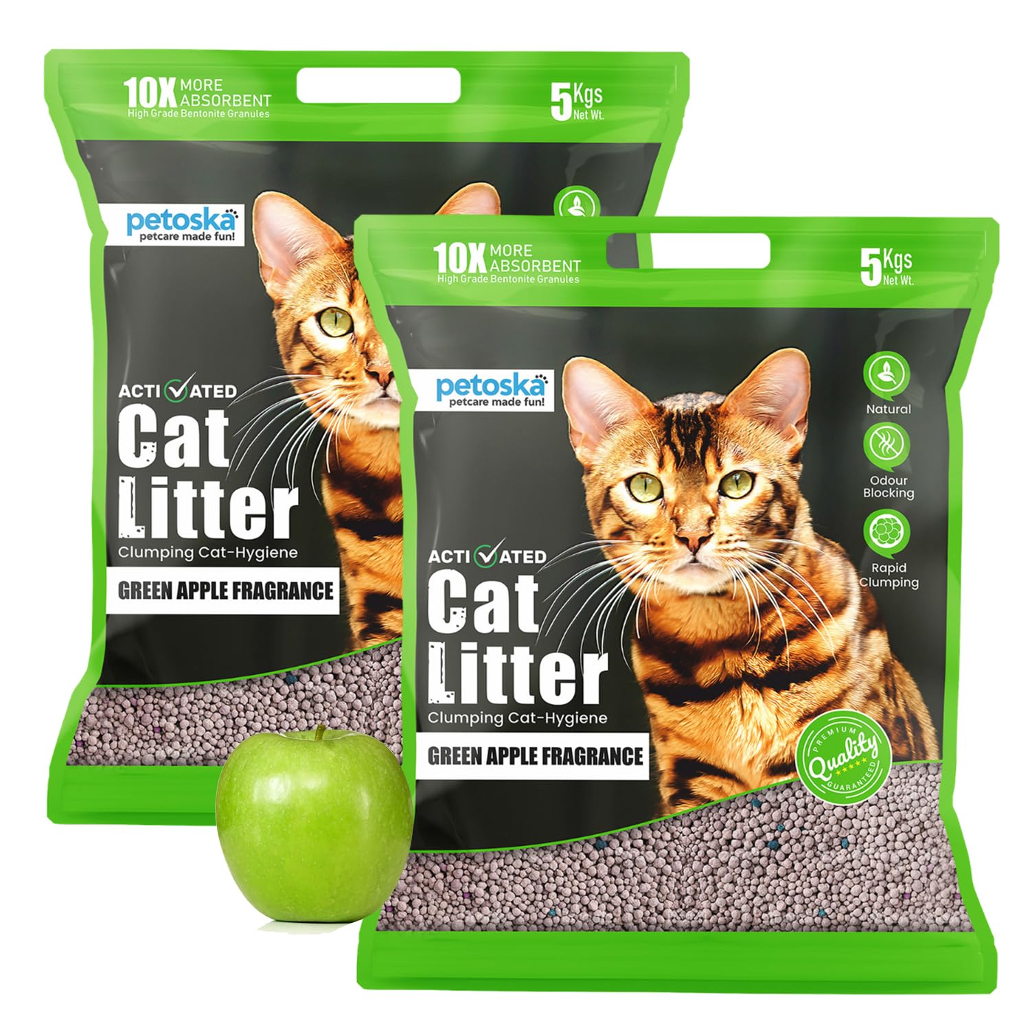 Petoska Cat Litter 10kg Green Apple | Fast-Clumping Bentonite Cat Litter with Odour Lock, Low Dust & Gentle on Paws | Fresh & Fruity Litter Box Everyday | Pack of 2